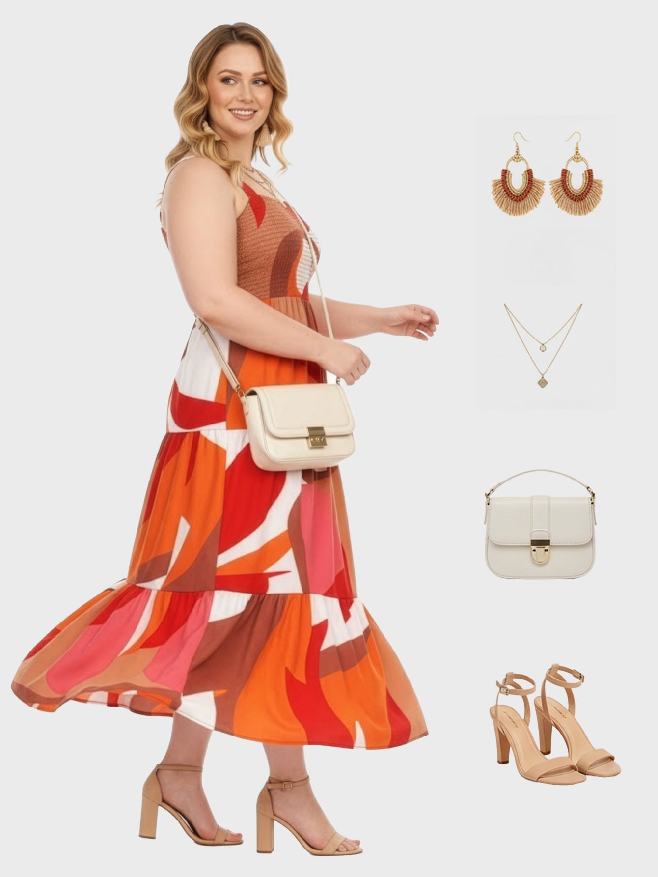 Lapa Plus Women's Bohemian Printed Pleated Camisole Dress