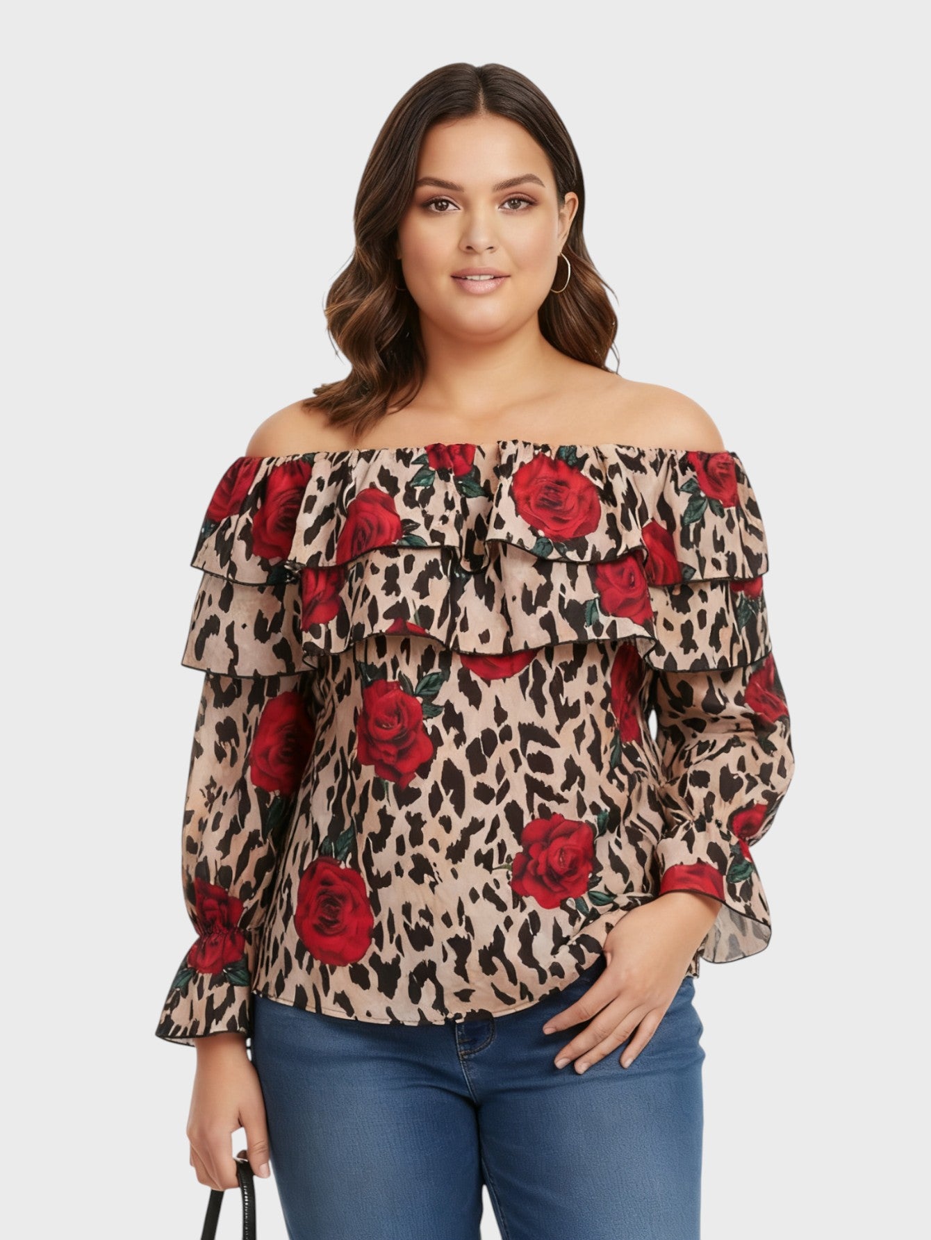 Lapa Plus Women's Casual Leopard Print Rose Floral Bardot Top