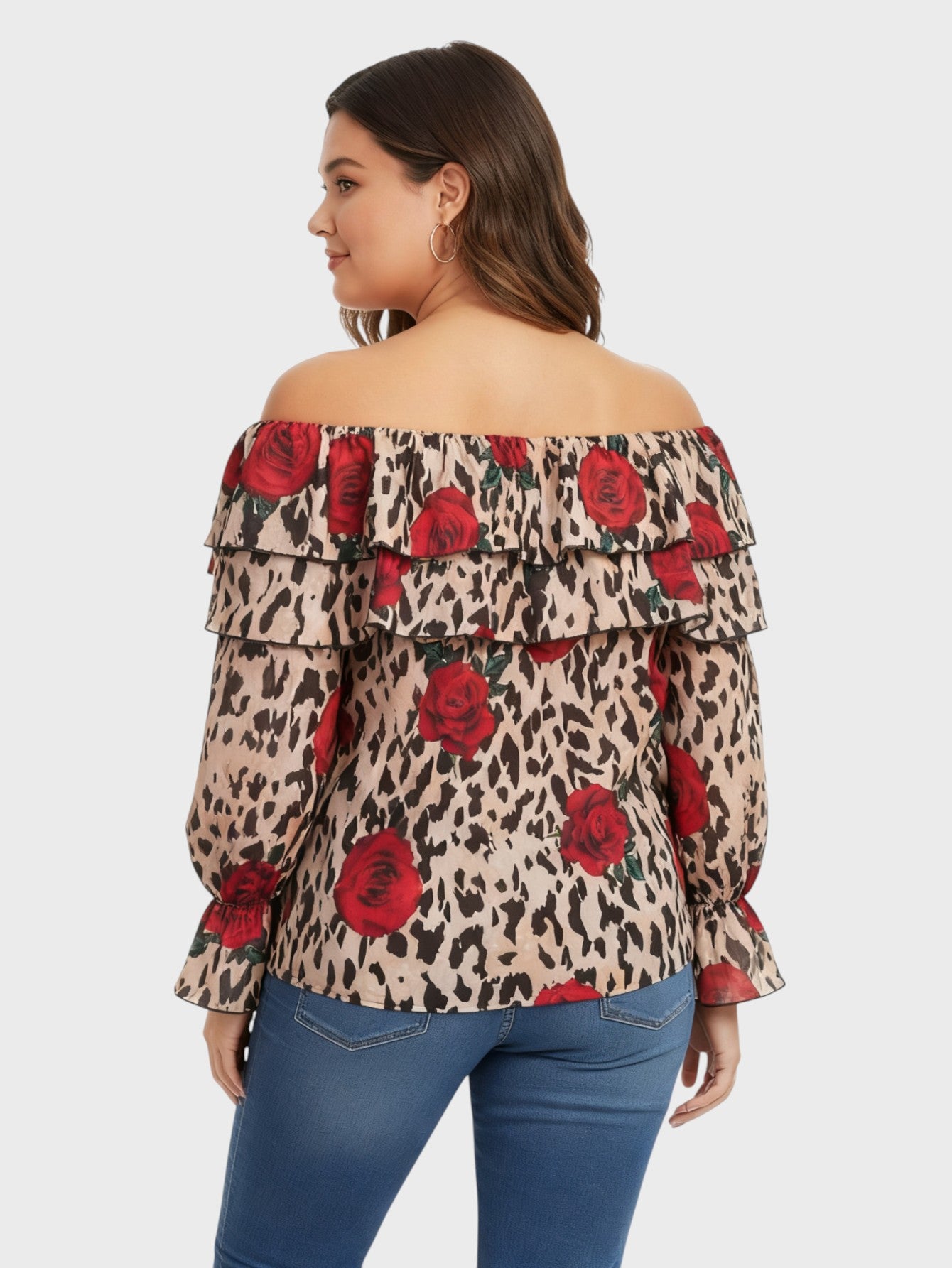 Lapa Plus Women's Casual Leopard Print Rose Floral Bardot Top