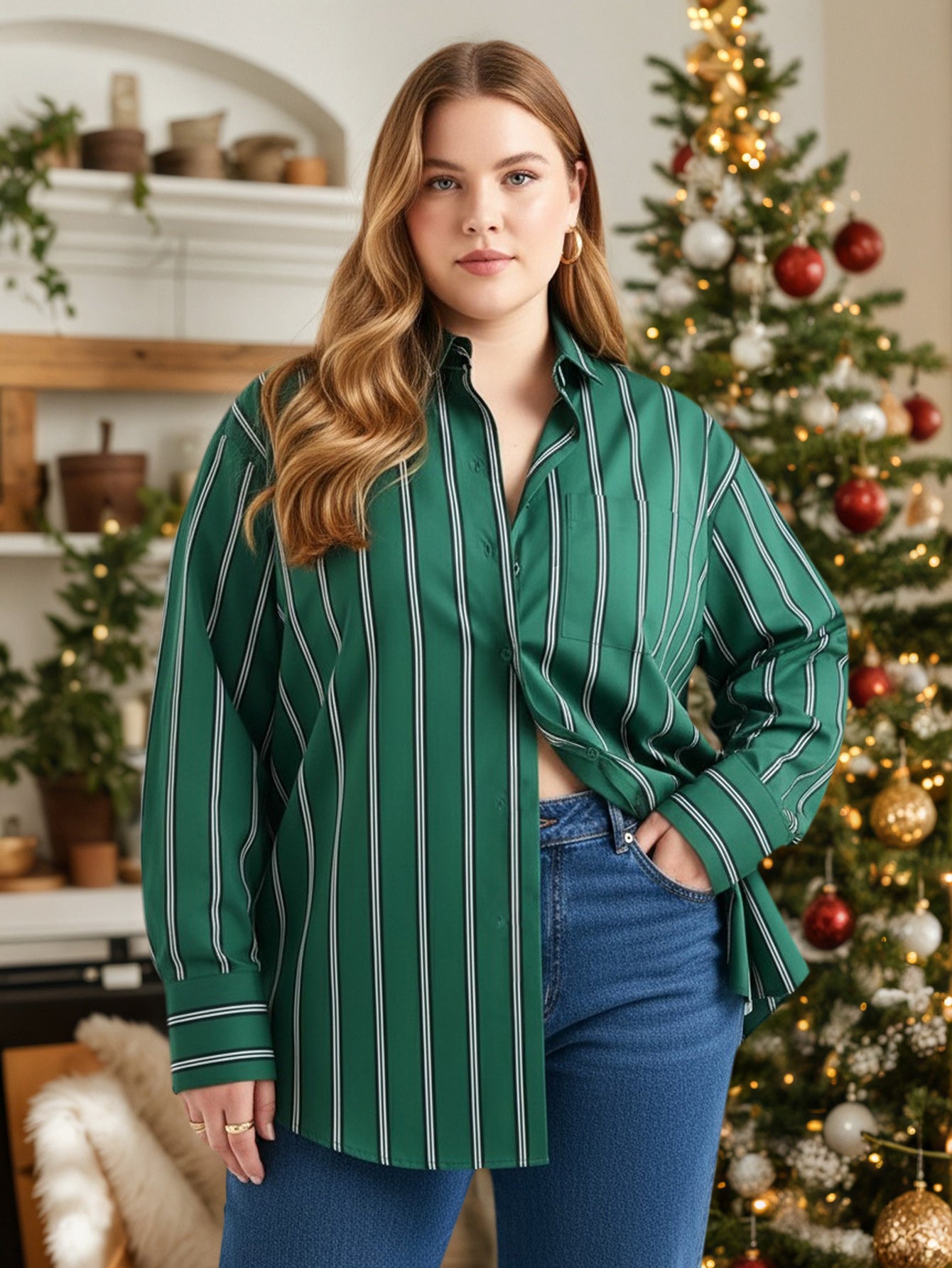 Lapa Plus Women's green striped Christmas top