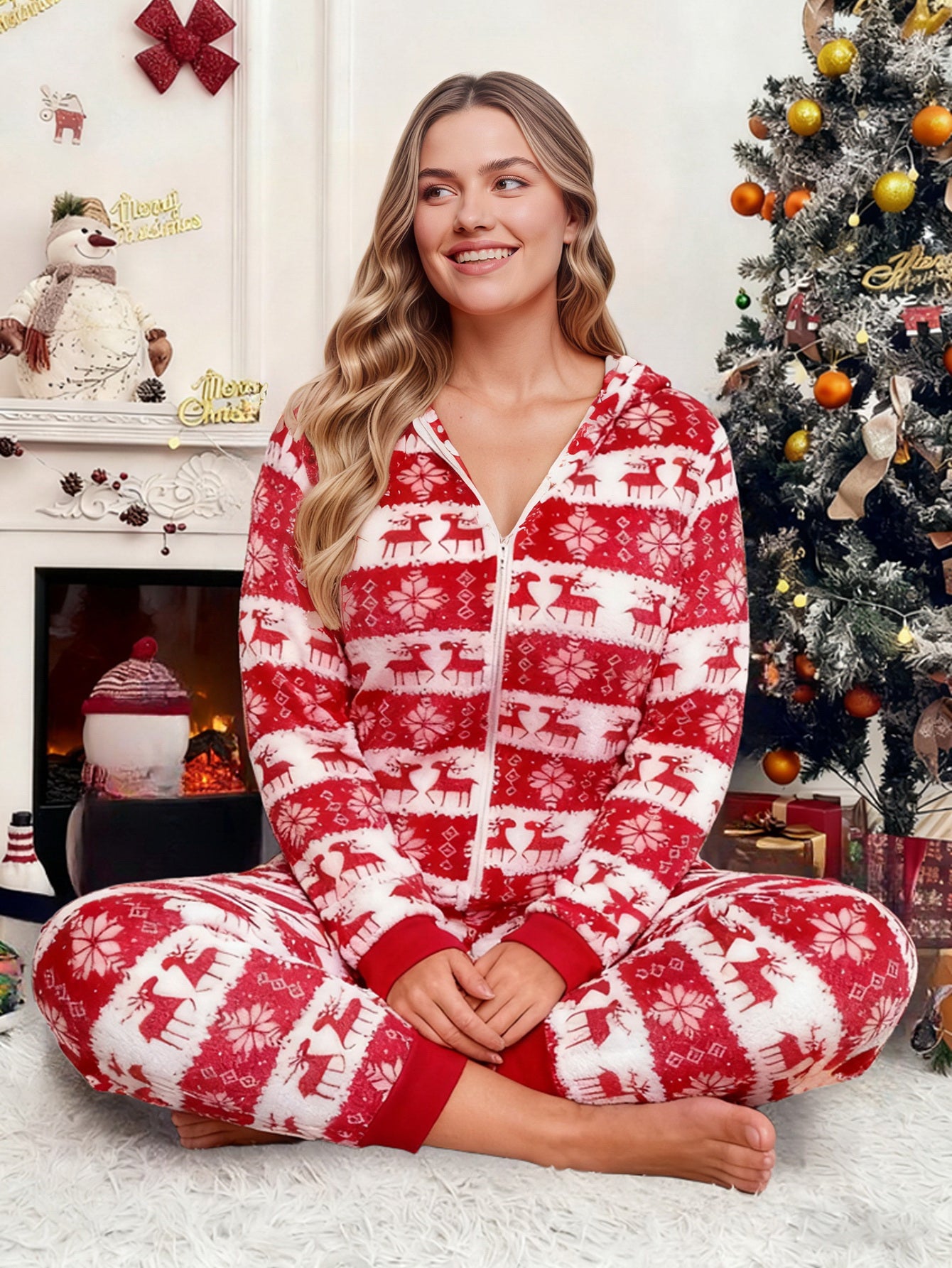 Lapa Plus Women's Custom Printed Christmas Zipper Jumpsuit