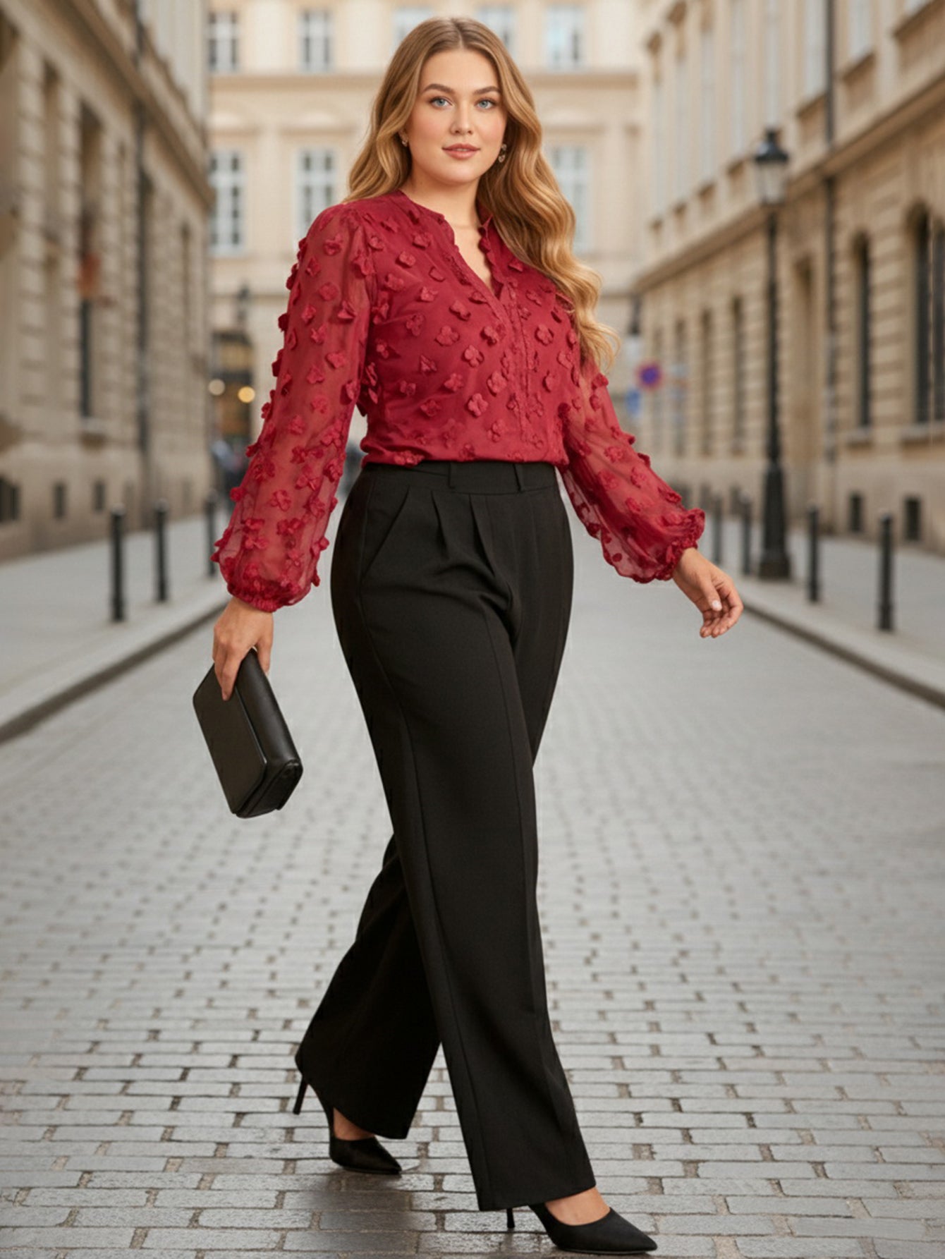 Lapa Plus Women's Christmas Red Jacquard Top