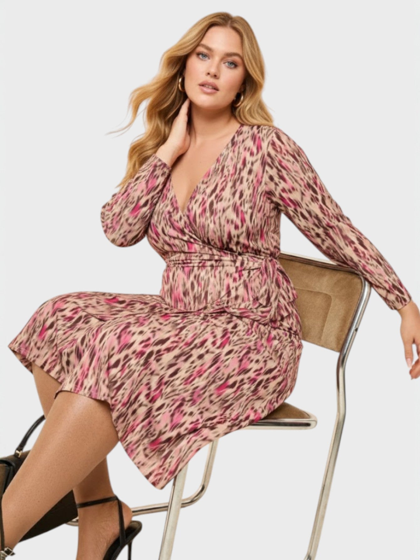 Lapa Plus Women's Elegant Wrap Midi Dress With Belt