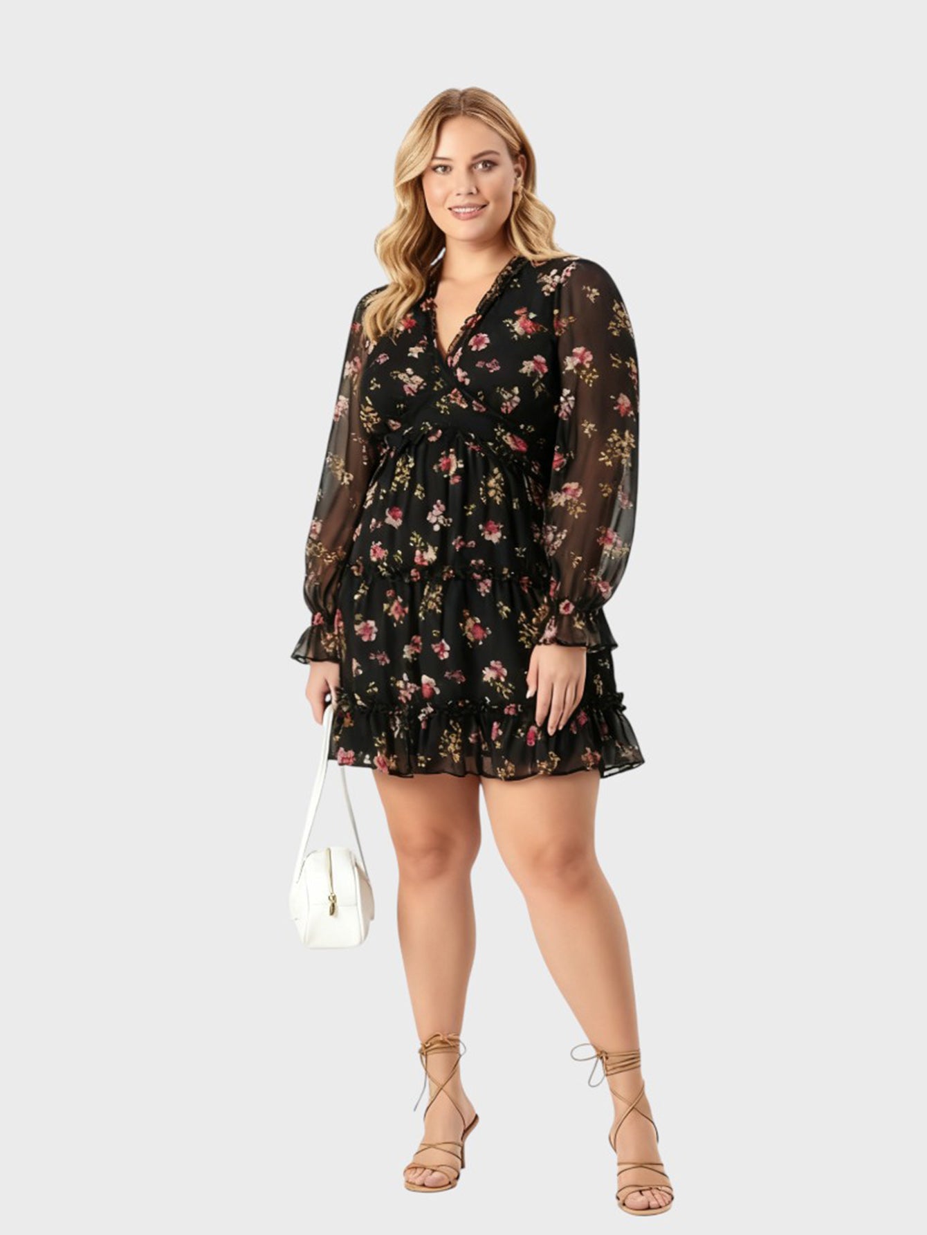 Lapa Plus Women's V-Neck Frilled Printed Chiffon Dress