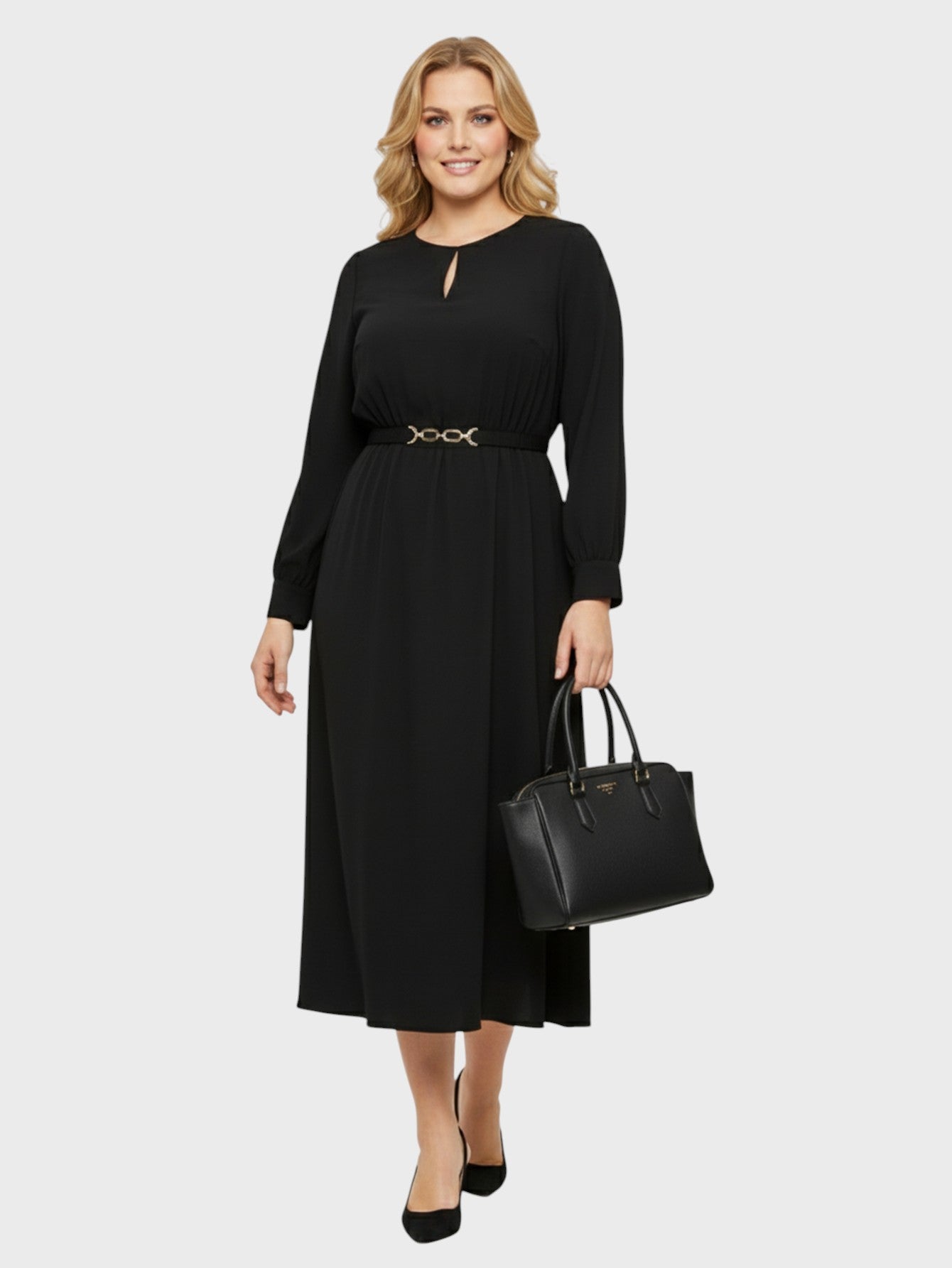 Lapa Plus Women's Flowy Round Neck Cut-Out Dress with Belt Accent