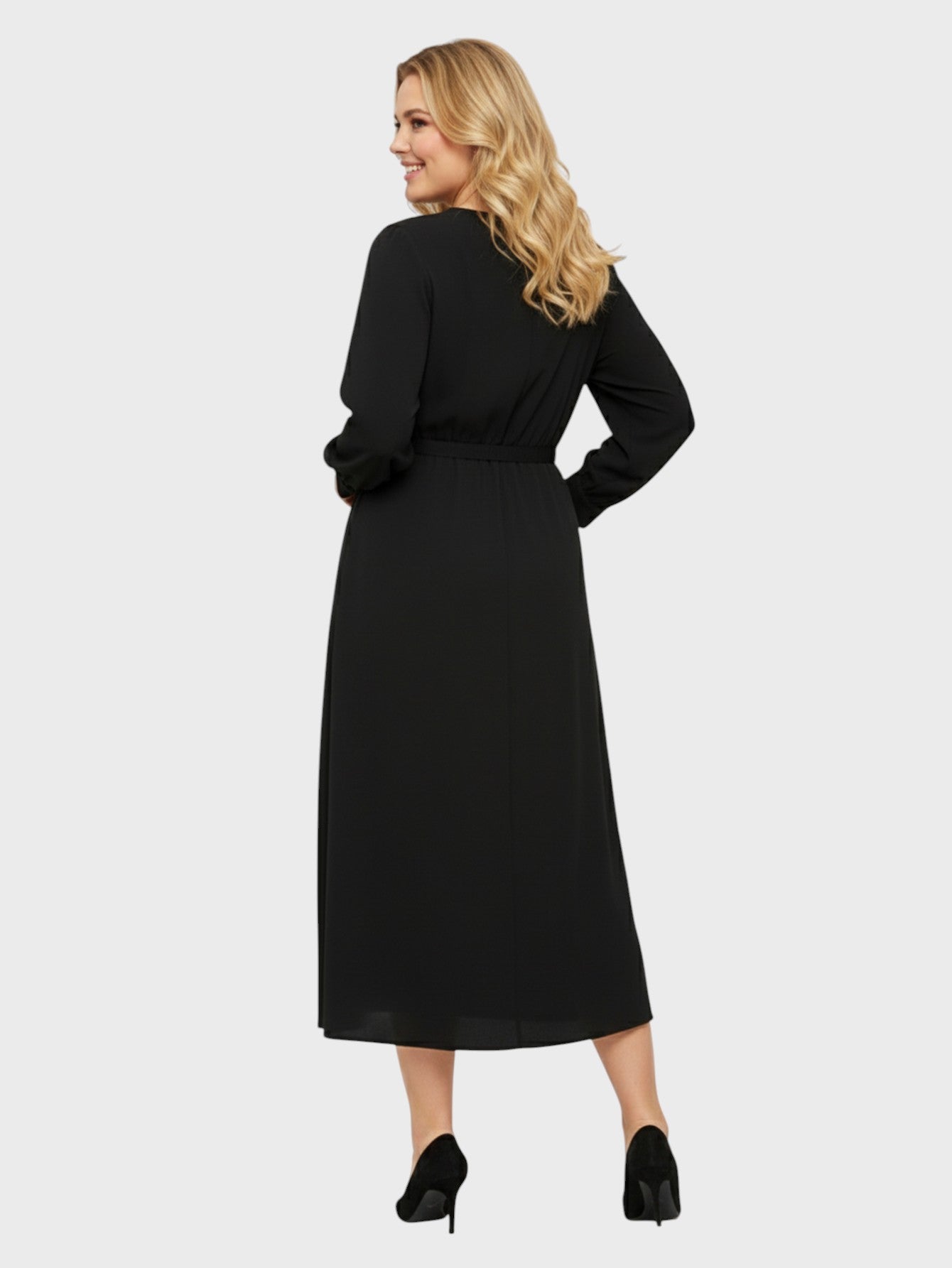Lapa Plus Women's Flowy Round Neck Cut-Out Dress with Belt Accent
