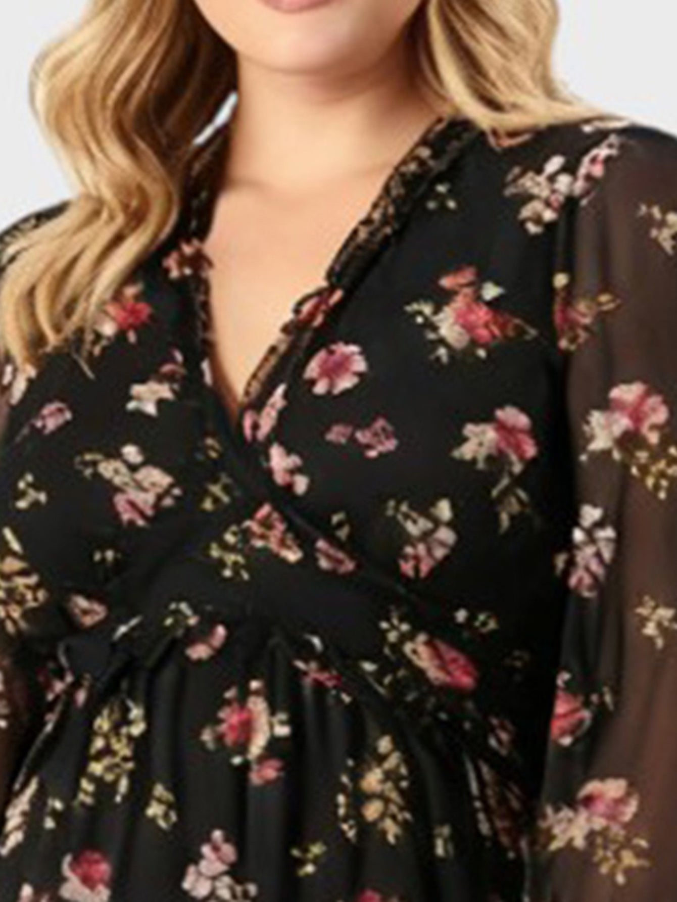 Lapa Plus Women's V-Neck Frilled Printed Chiffon Dress