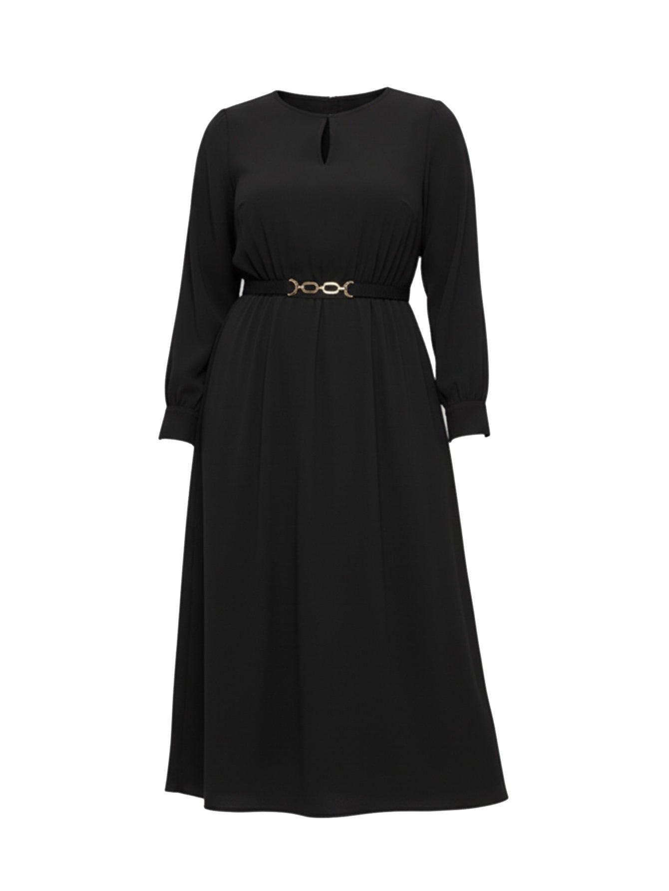 Lapa Plus Women's Flowy Round Neck Cut-Out Dress with Belt Accent