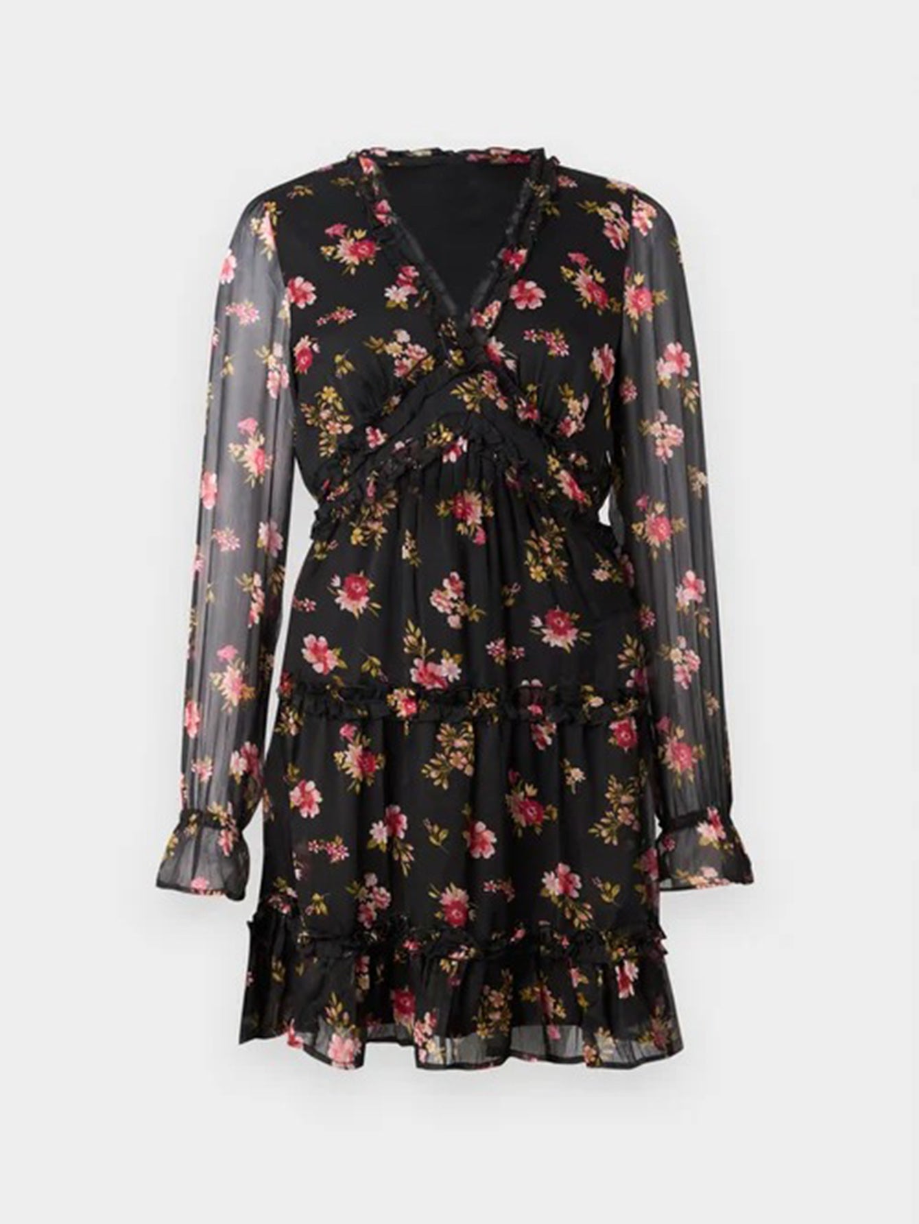 Lapa Plus Women's V-Neck Frilled Printed Chiffon Dress