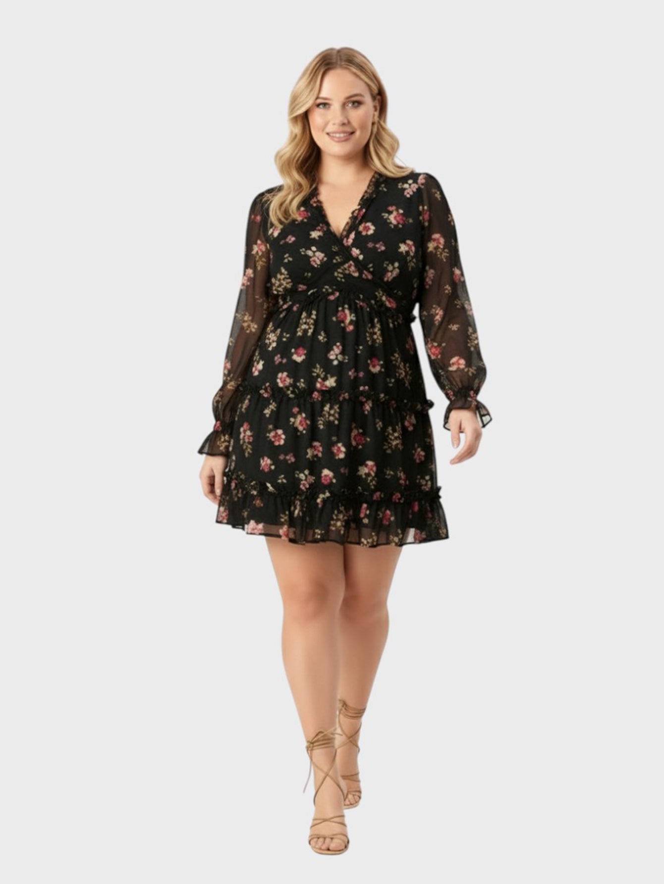 Lapa Plus Women's V-Neck Frilled Printed Chiffon Dress