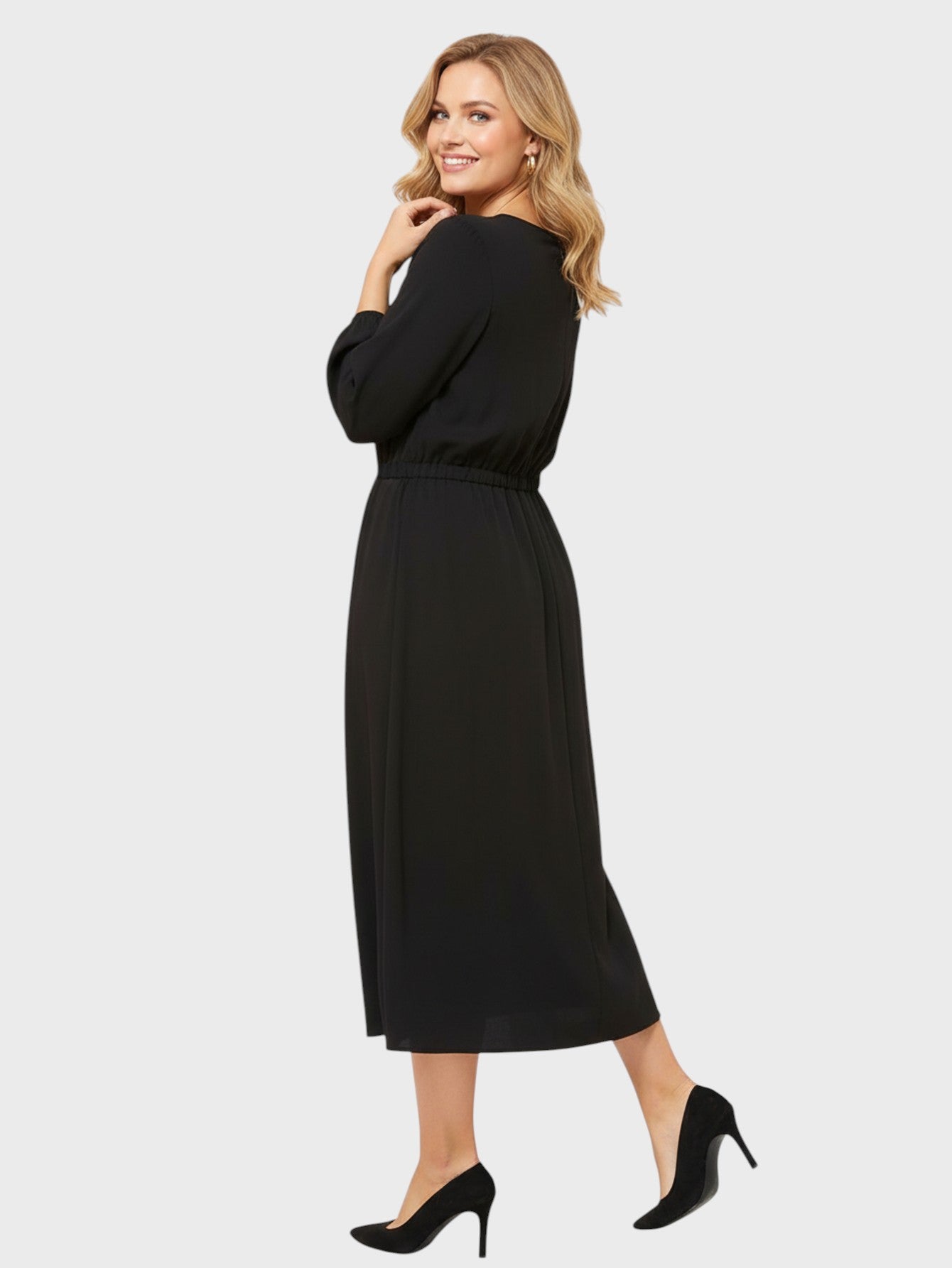 Lapa Plus Women's Flowy Round Neck Cut-Out Dress with Belt Accent