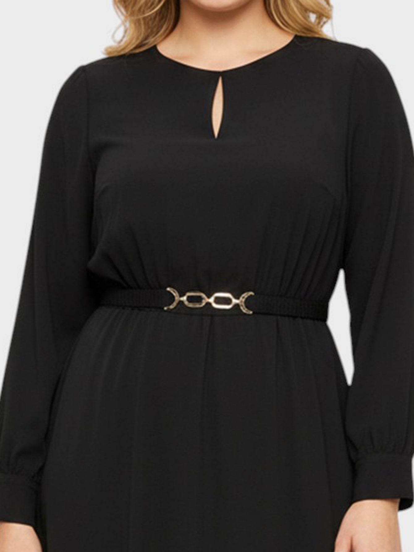 Lapa Plus Women's Flowy Round Neck Cut-Out Dress with Belt Accent