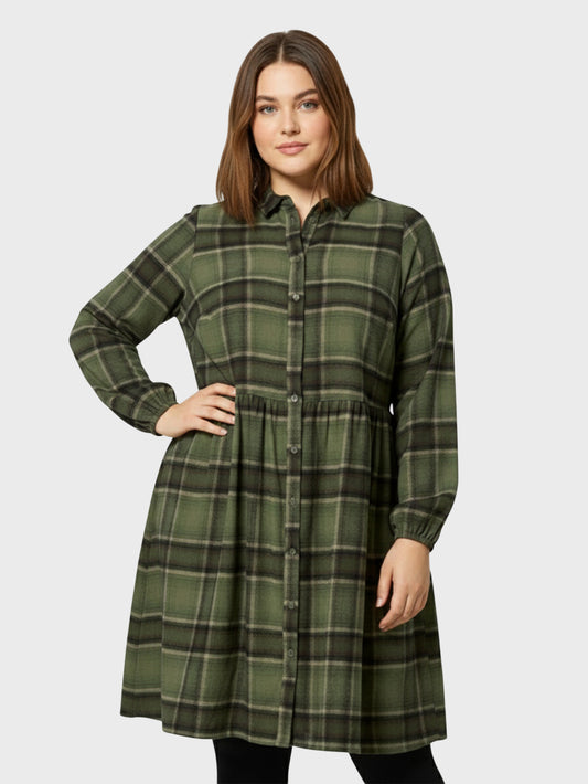 Lapa Plus Women's Green Checked Shirt Dress