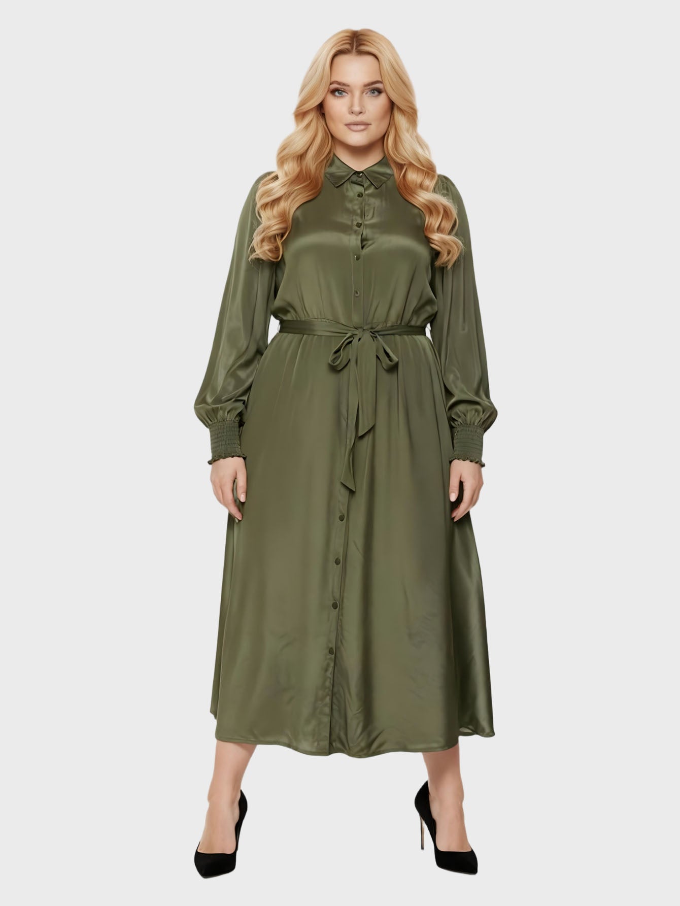 Lapa Plus Women's Green Button Down Belted Dress