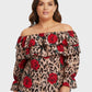 Lapa Plus Women's Casual Leopard Print Rose Floral Bardot Top