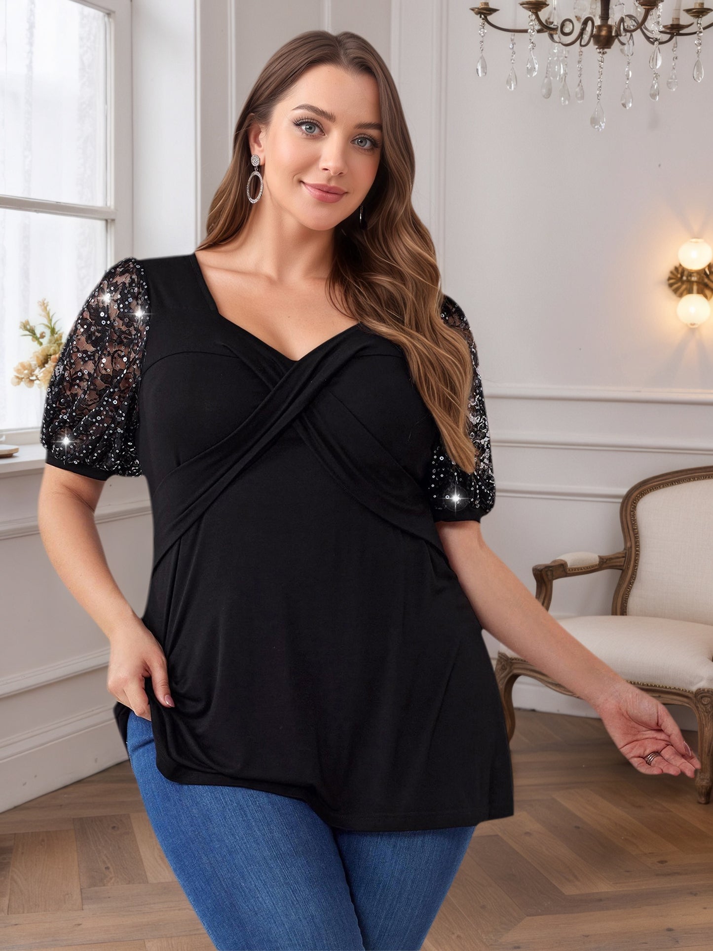 Lapa Plus Women's Elegant Beaded Lantern Sleeves Top