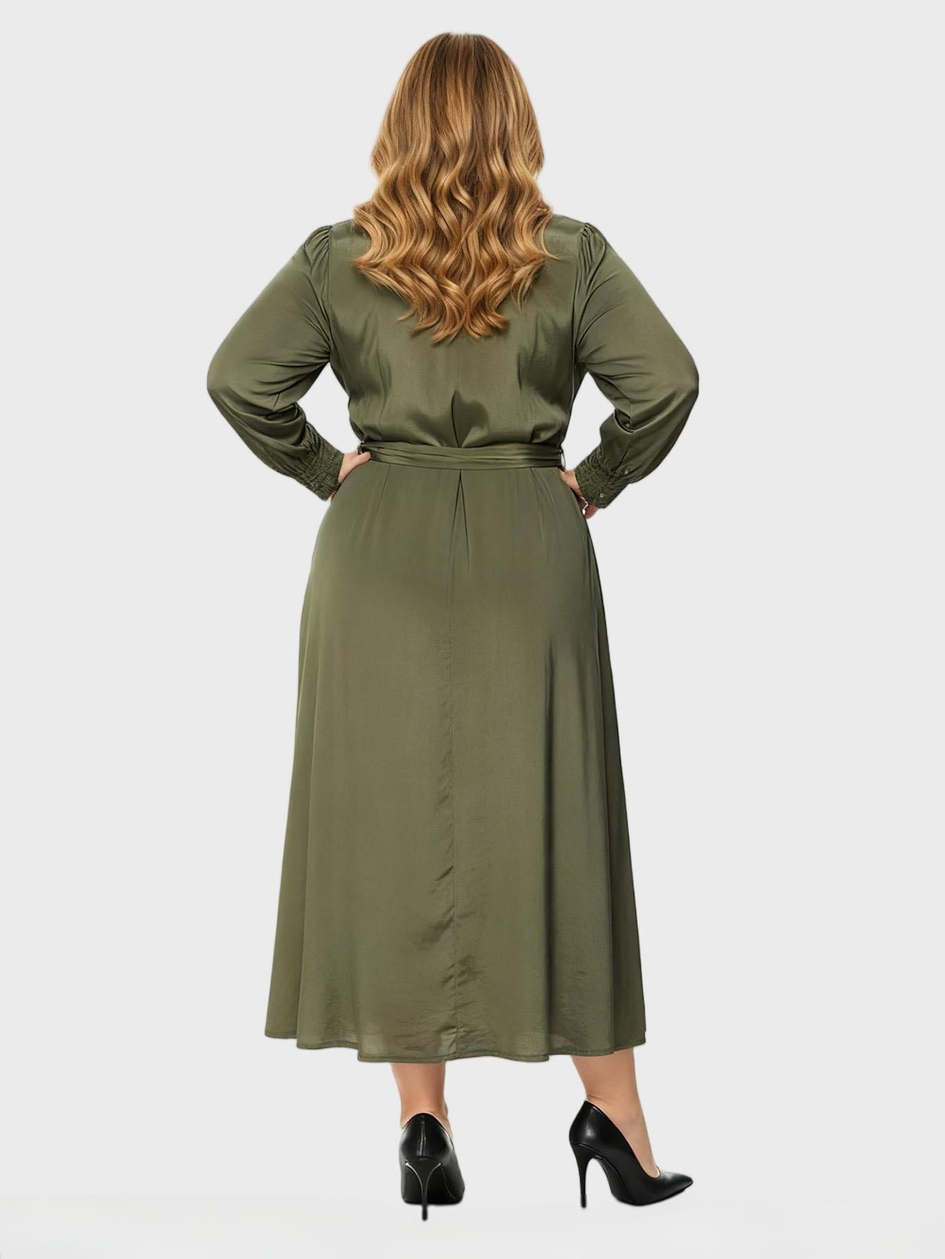Lapa Plus Women's Green Button Down Belted Dress