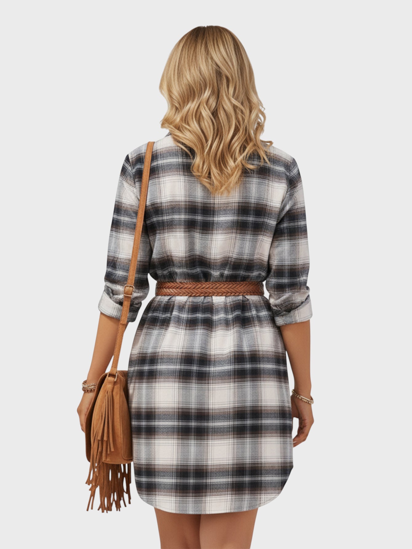 Lapa Plus Women's Black and White Plaid Dress with Pockets (No Belt Included)