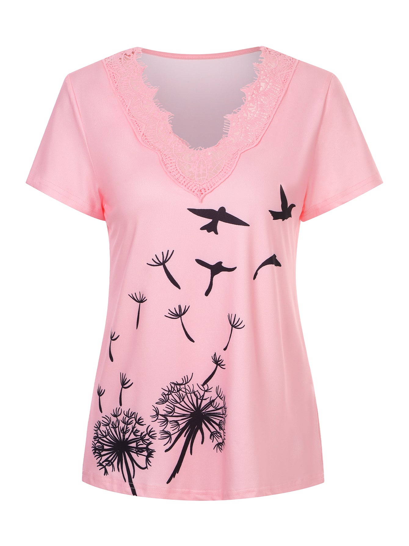 Lapa Plus Women's Lace V-Neck Printed Short Sleeve T-Shirt Top