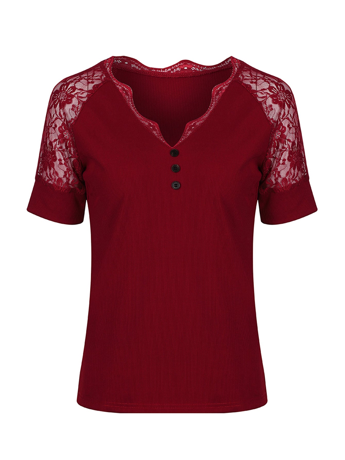 Lapa Plus Women's V-neck Patchwork Lace Short Sleeved Top