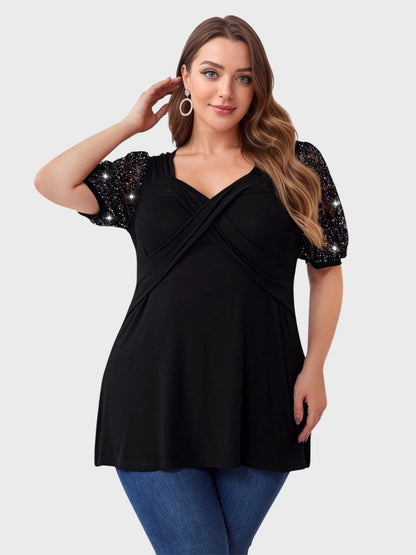 Lapa Plus Women's Elegant Beaded Lantern Sleeves Top