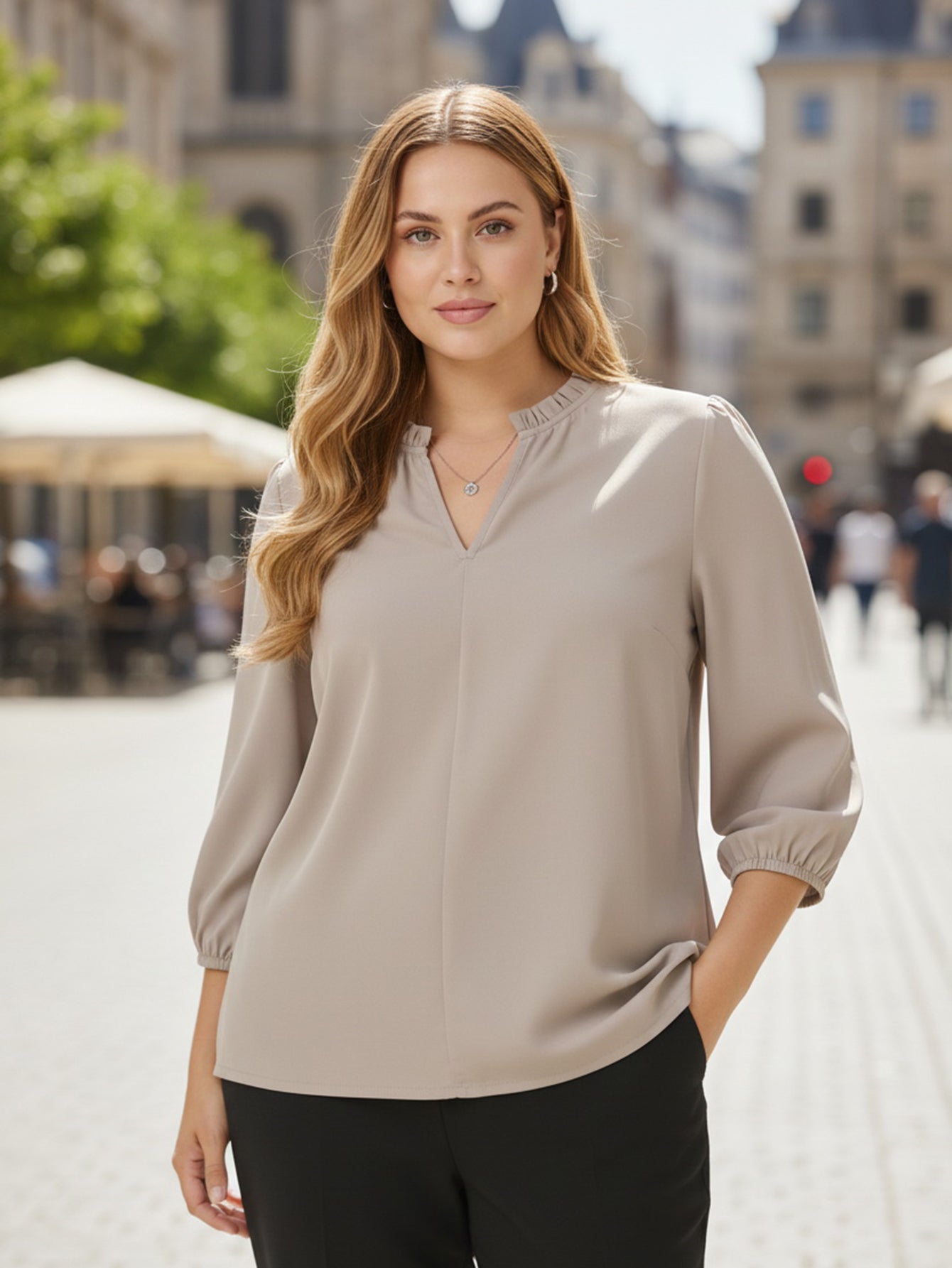 Lapa Plus Women's Fall Winter Grey V-Neck Shirt Tops