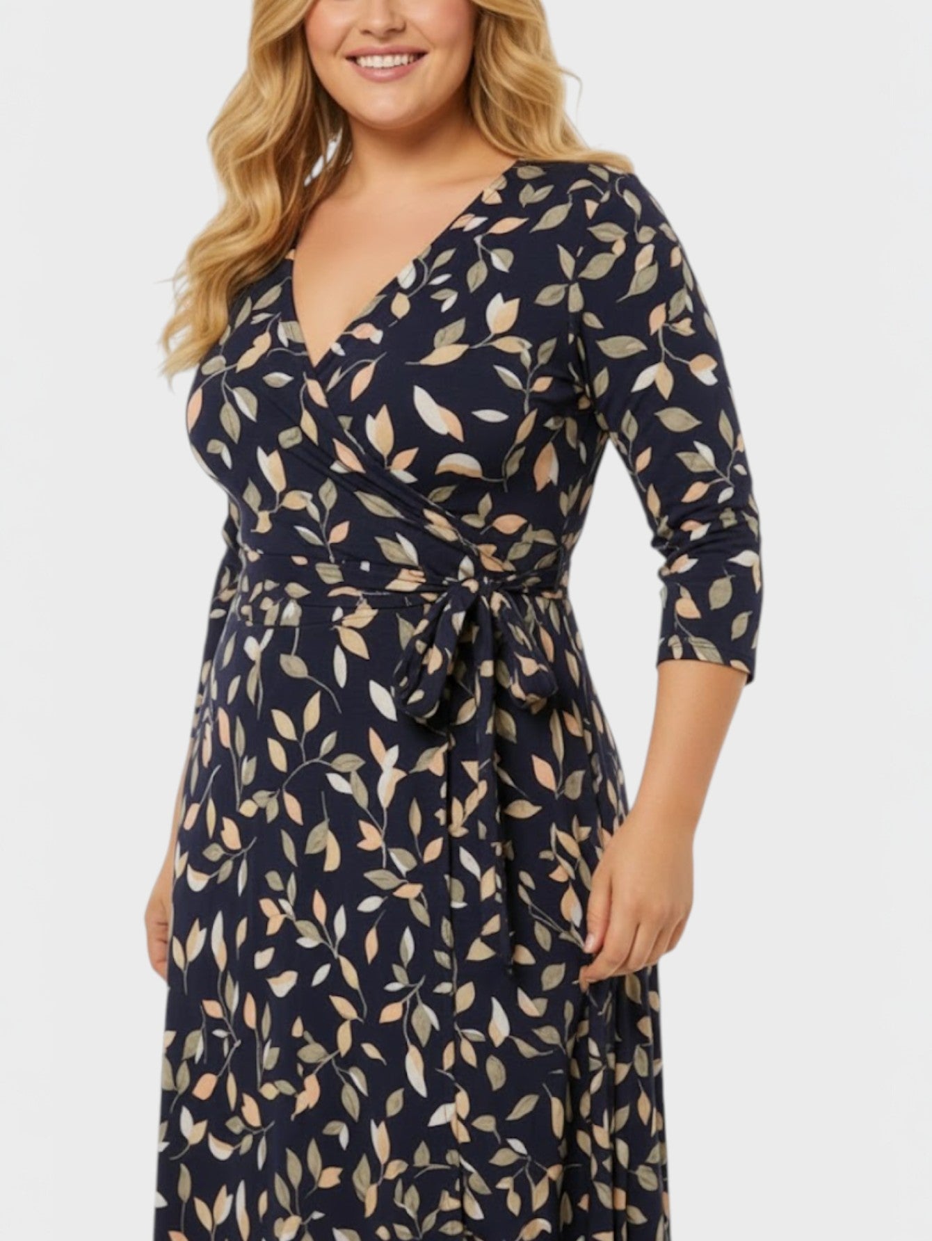 Lapa Plus Women's V-Neck Leaf Print Tie-Waist Dress