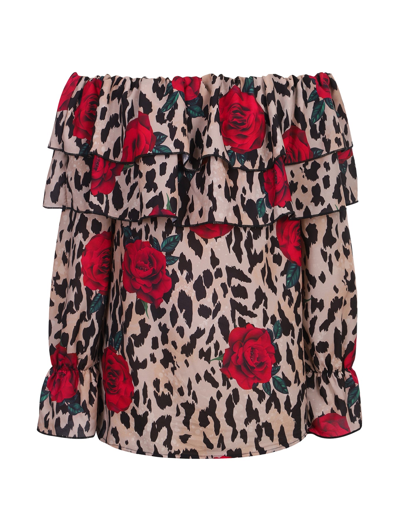 Lapa Plus Women's Casual Leopard Print Rose Floral Bardot Top