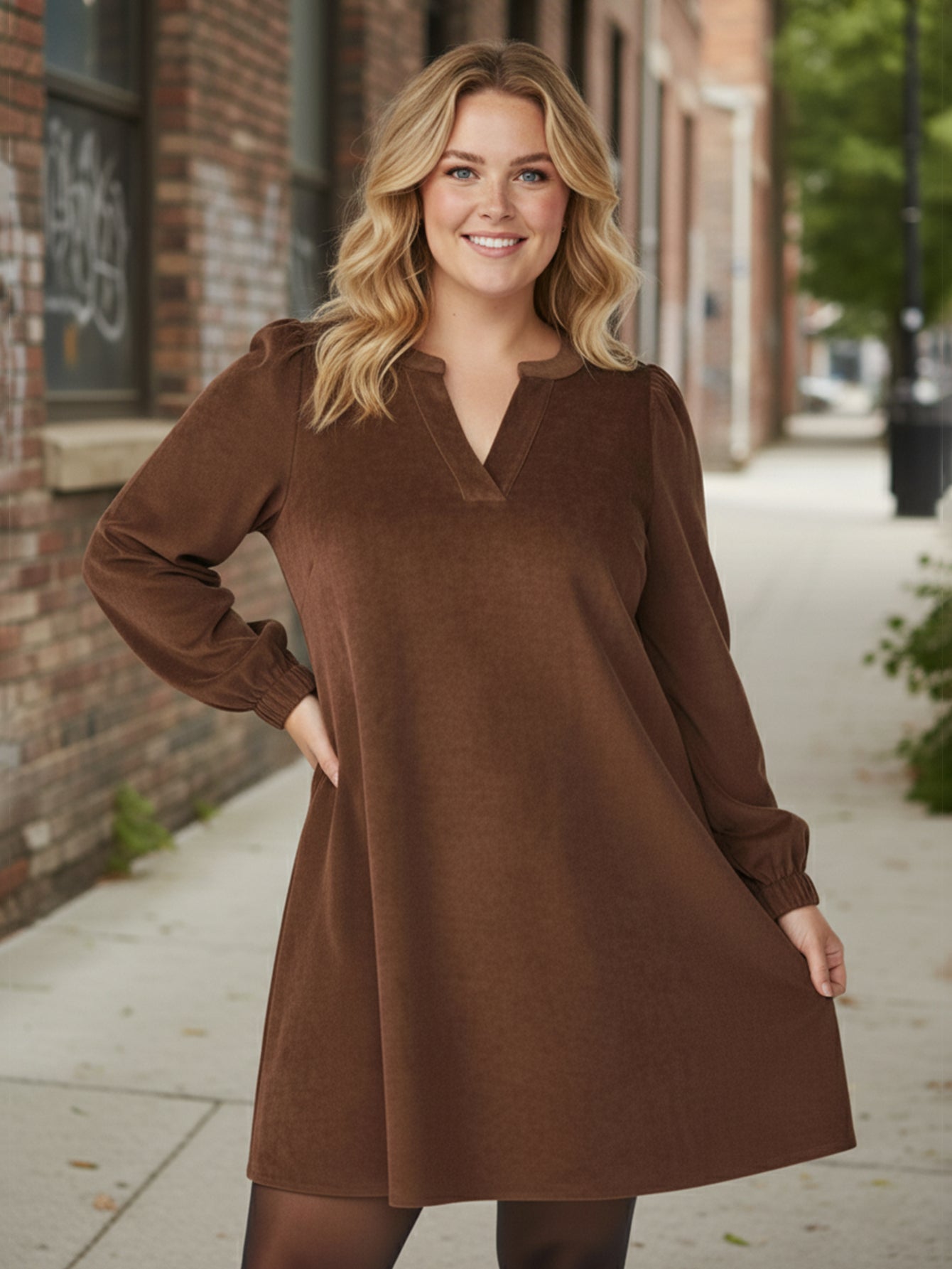 Lapa Plus Women's Corduroy V-Neck Solid Color Dress