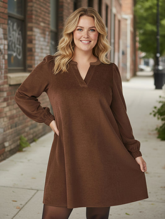 Lapa Plus Women's Corduroy V-Neck Solid Color Dress