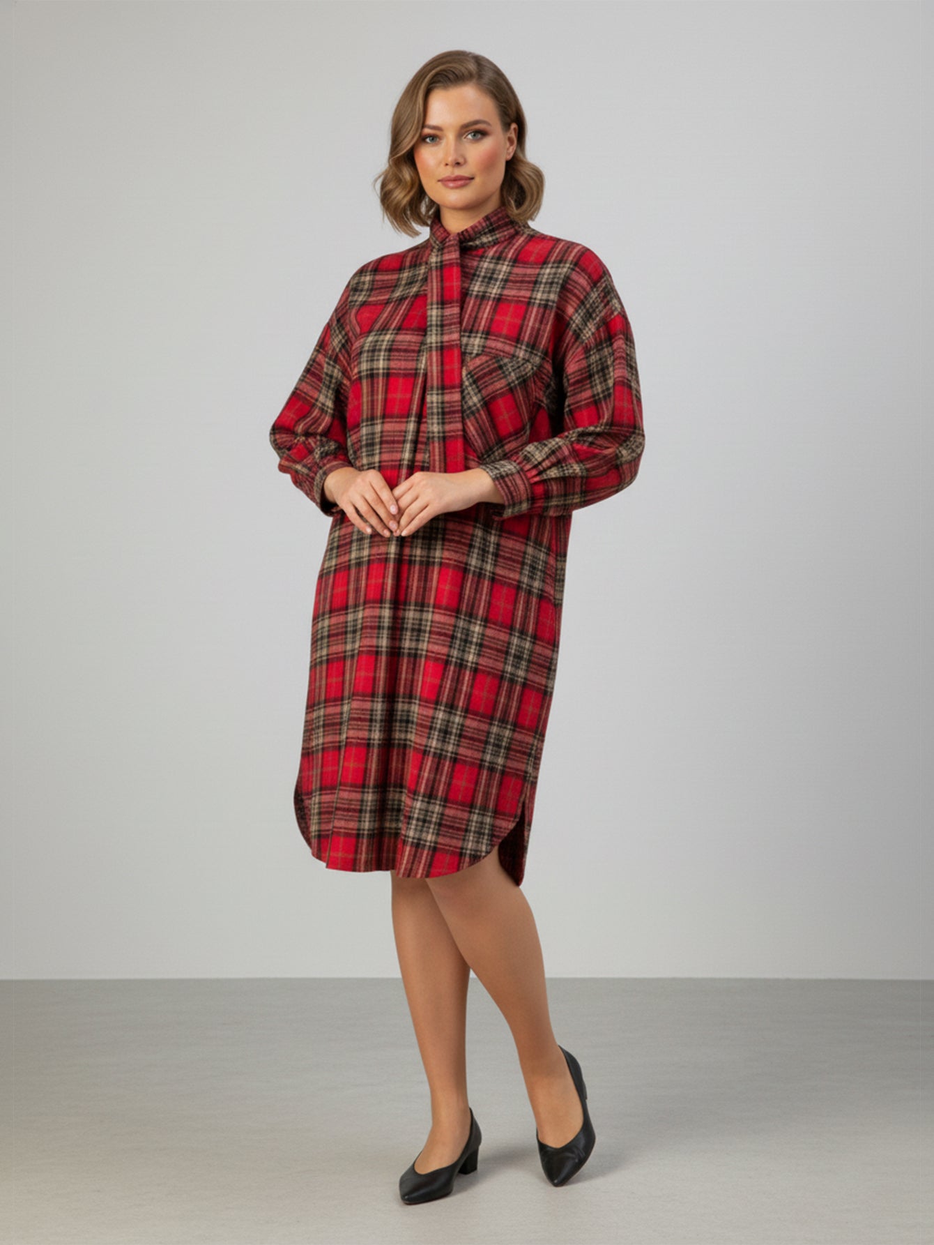 Lapa Plus Women's Plaid Dress with Neck Tie