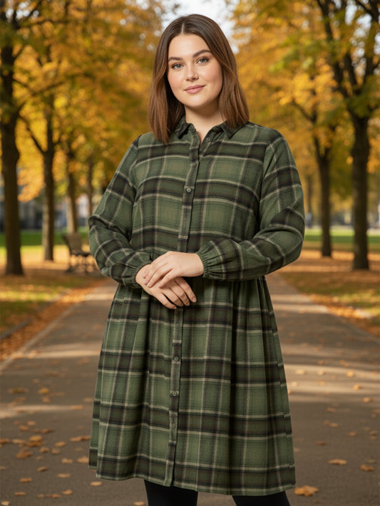 Lapa Plus Women's Green Checked Shirt Dress