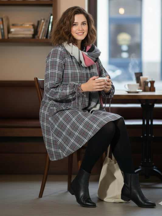 Lapa Plus Women's Checked Dress with Bow-Tie Sleeves