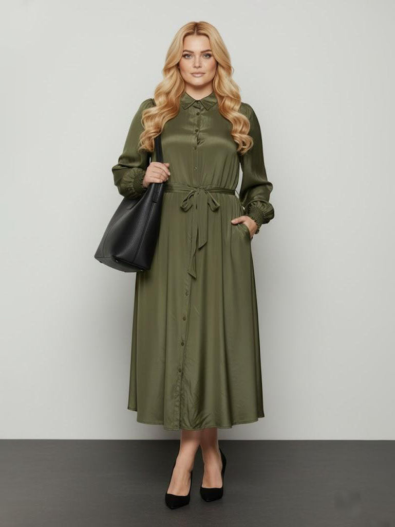 Lapa Plus Women's Green Button Down Belted Dress
