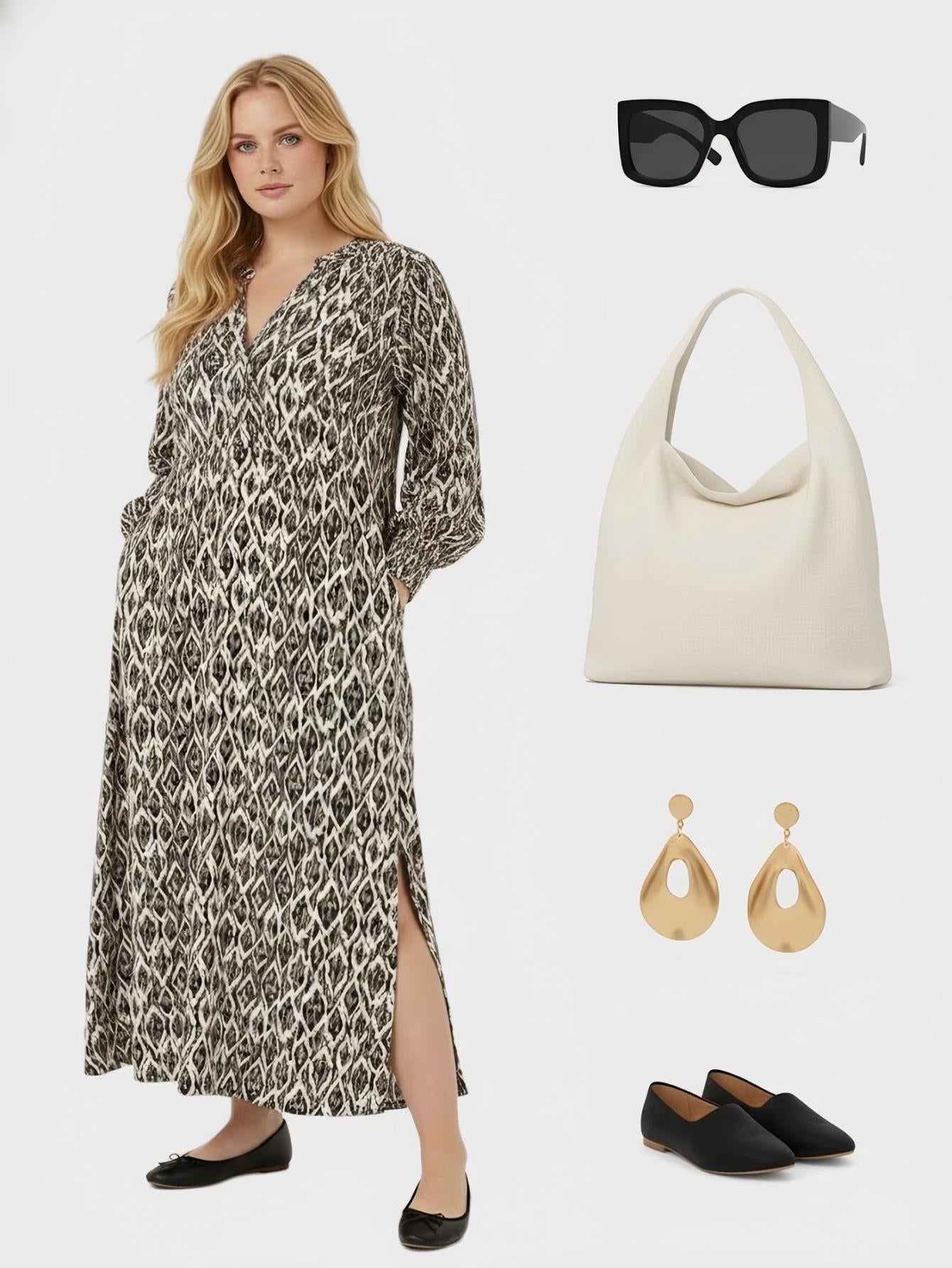 Lapa Plus Women's Abstract Geometric Print Side Slit Maxi Dress