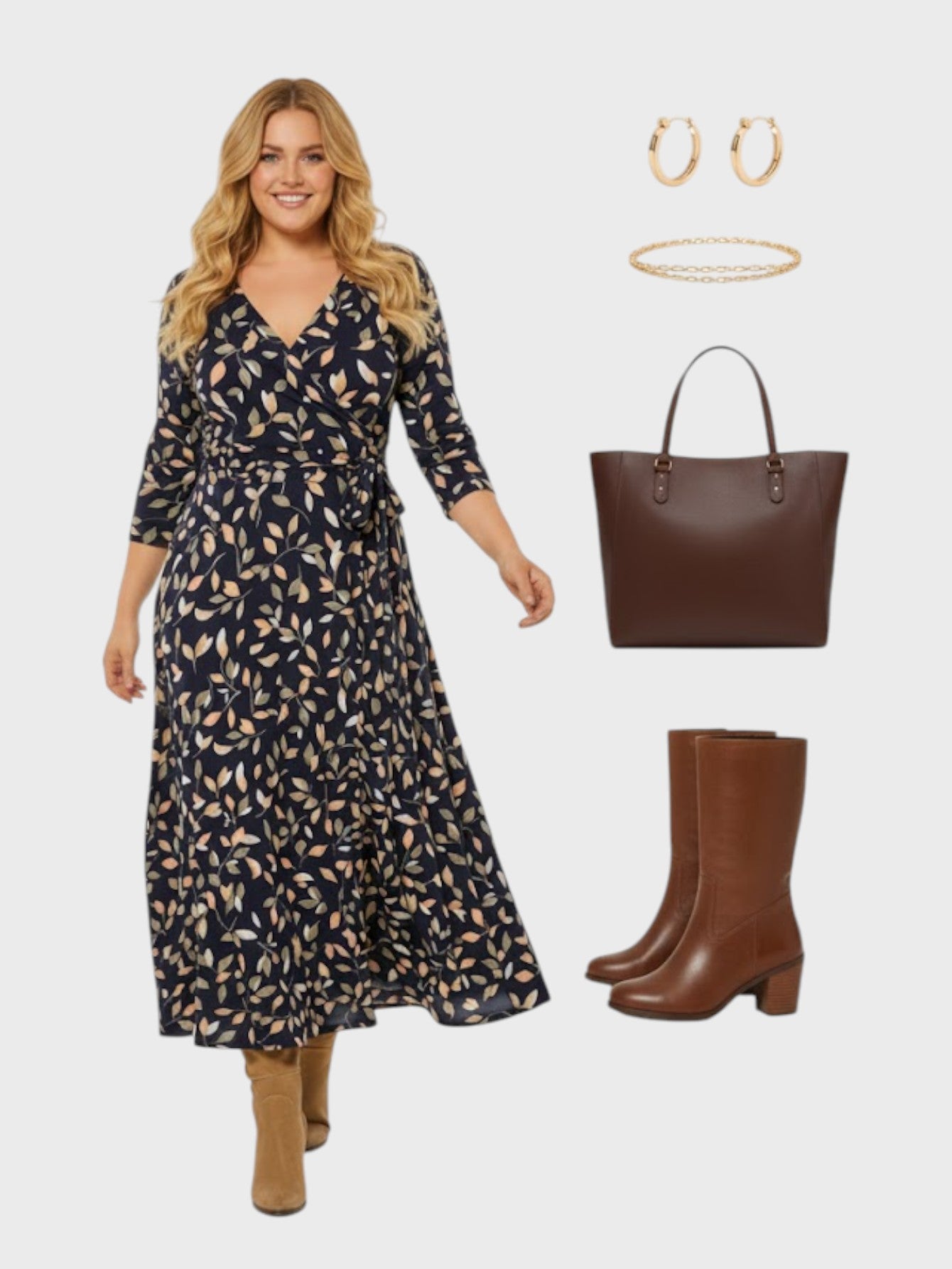 Lapa Plus Women's V-Neck Leaf Print Tie-Waist Dress