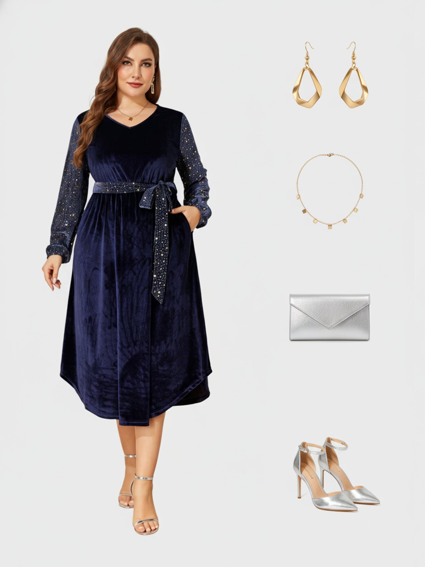 Lapa Plus Women's Party Elegant Velvet Pocket Dress