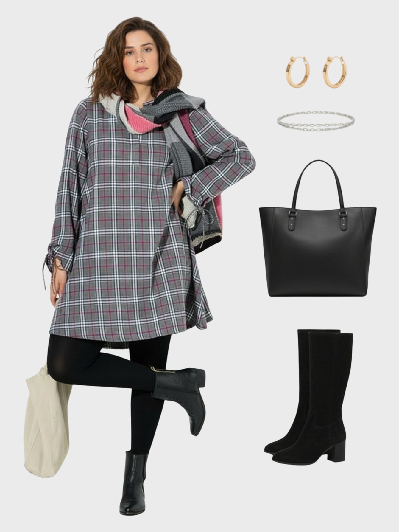 Lapa Plus Women's Checked Dress with Bow-Tie Sleeves