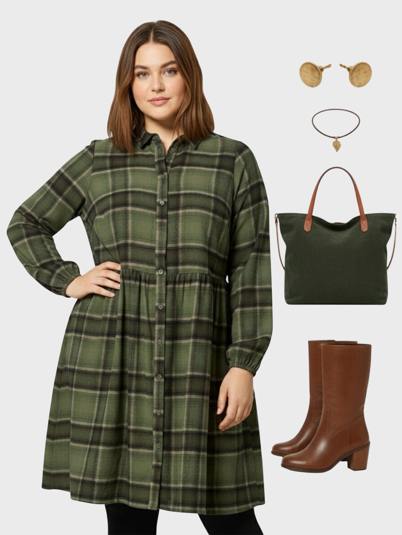 Lapa Plus Women's Green Checked Shirt Dress