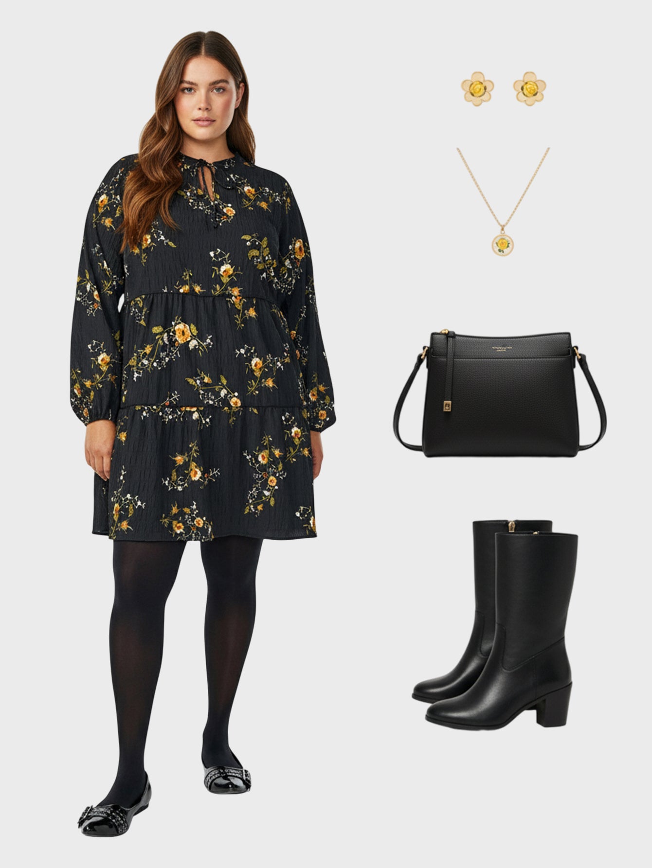 Lapa Plus Women's Elegant Printed Black Dress