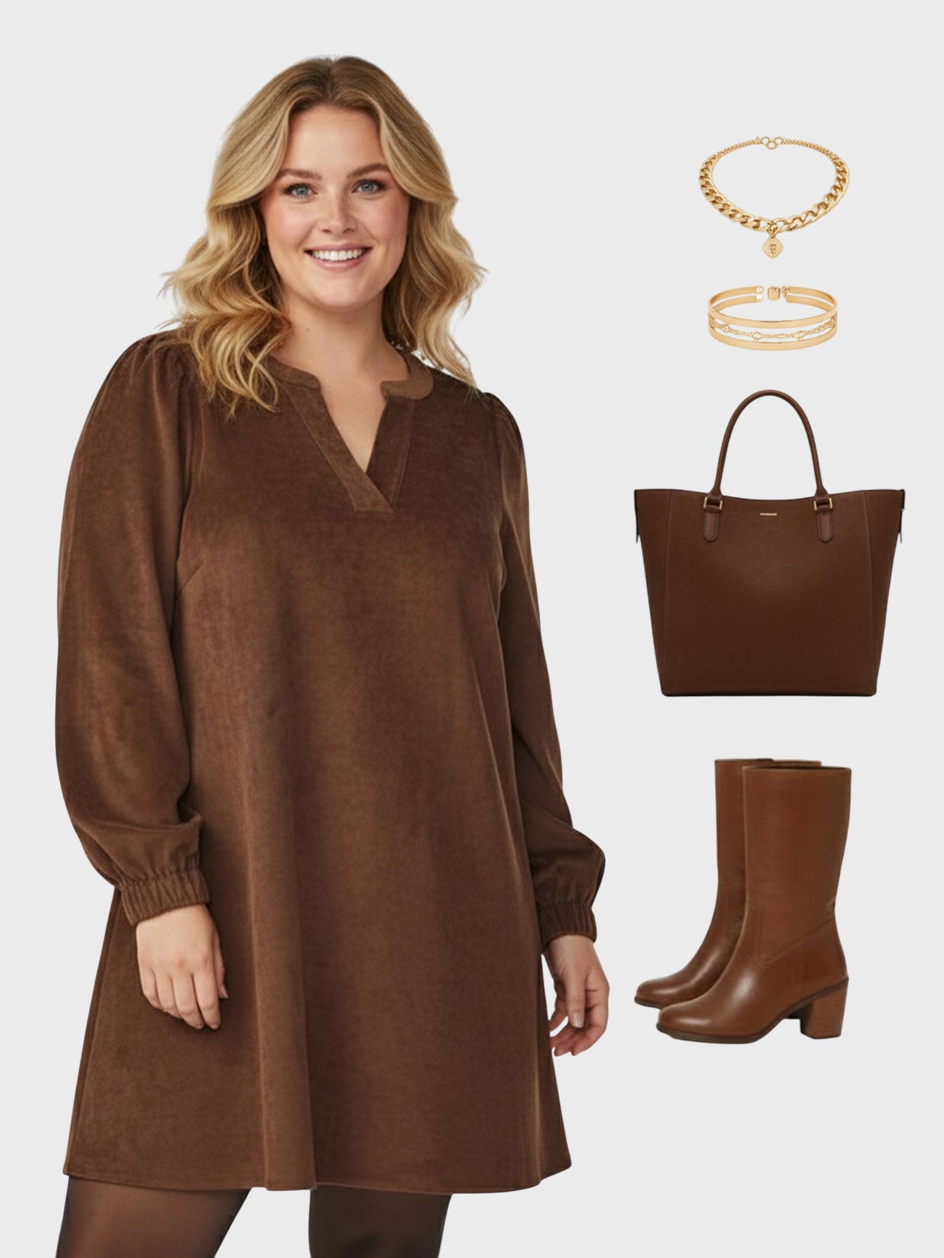 Lapa Plus Women's Corduroy V-Neck Solid Color Dress