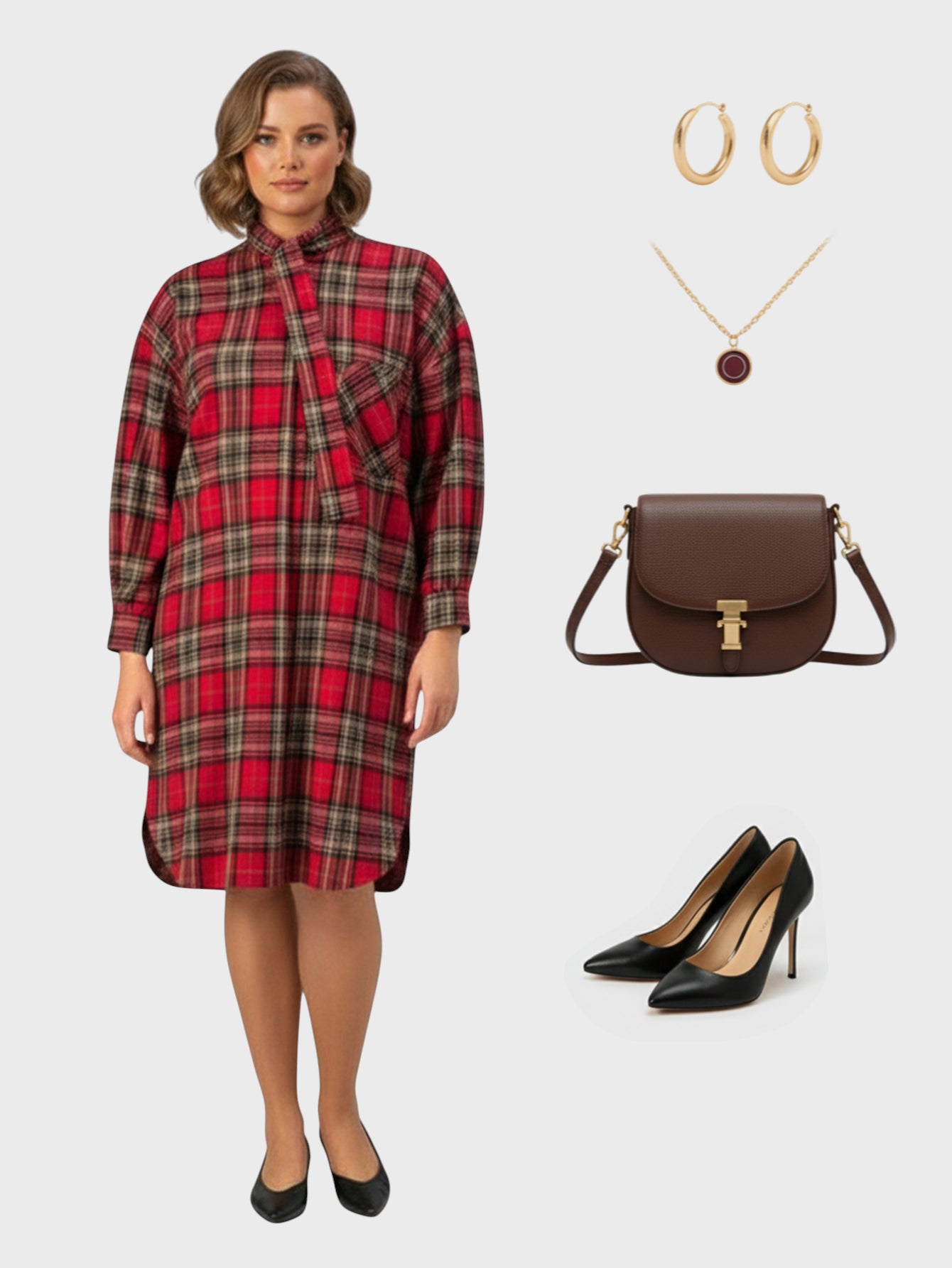 Lapa Plus Women's Plaid Dress with Neck Tie