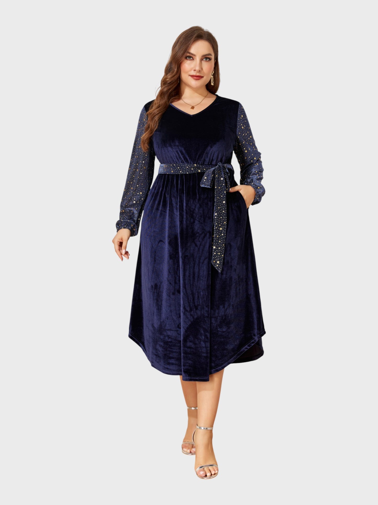 Lapa Plus Women's Party Elegant Velvet Pocket Dress