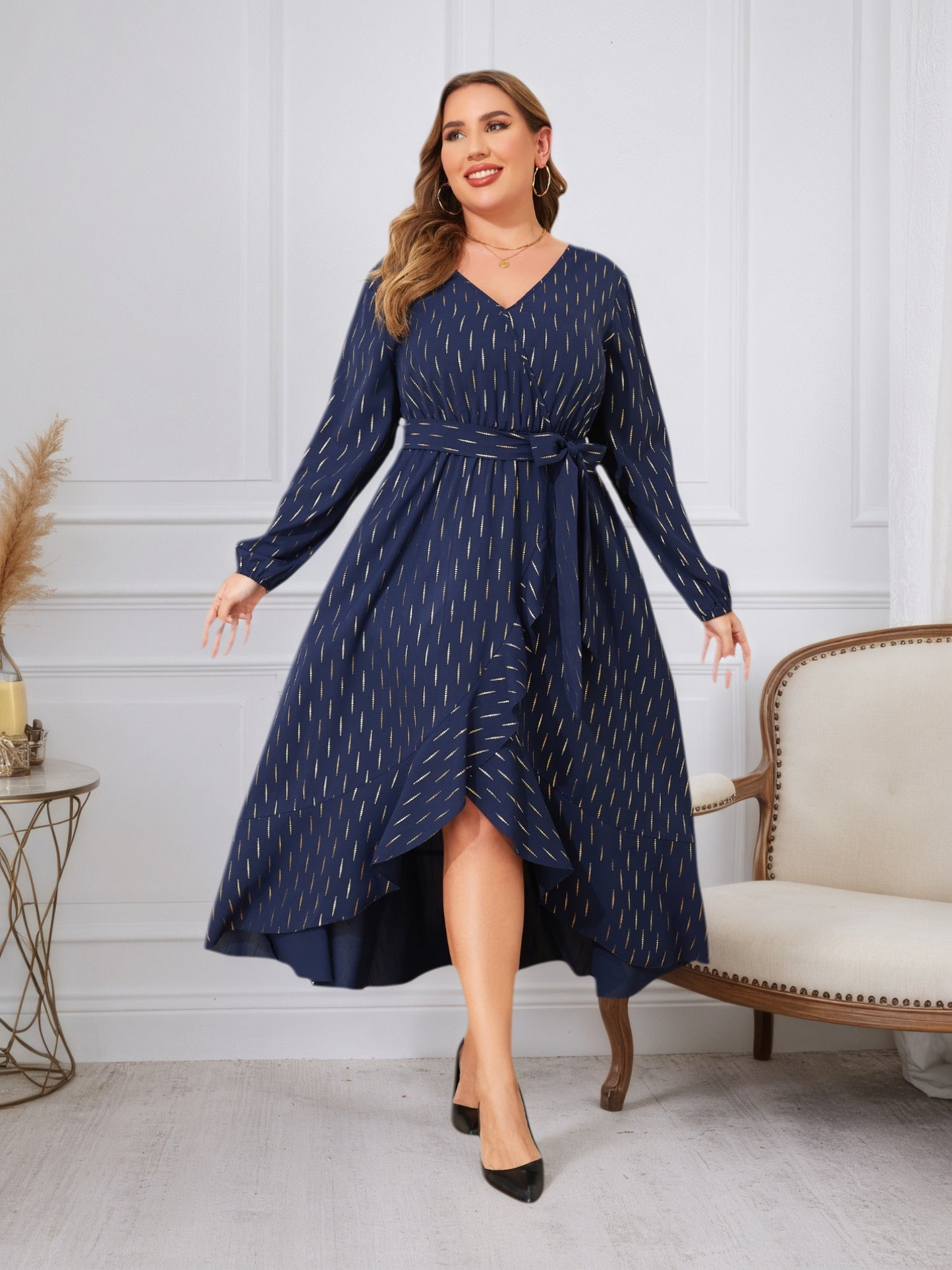 Lapa Plus Women's Party Elegant Gold-foiled Dress