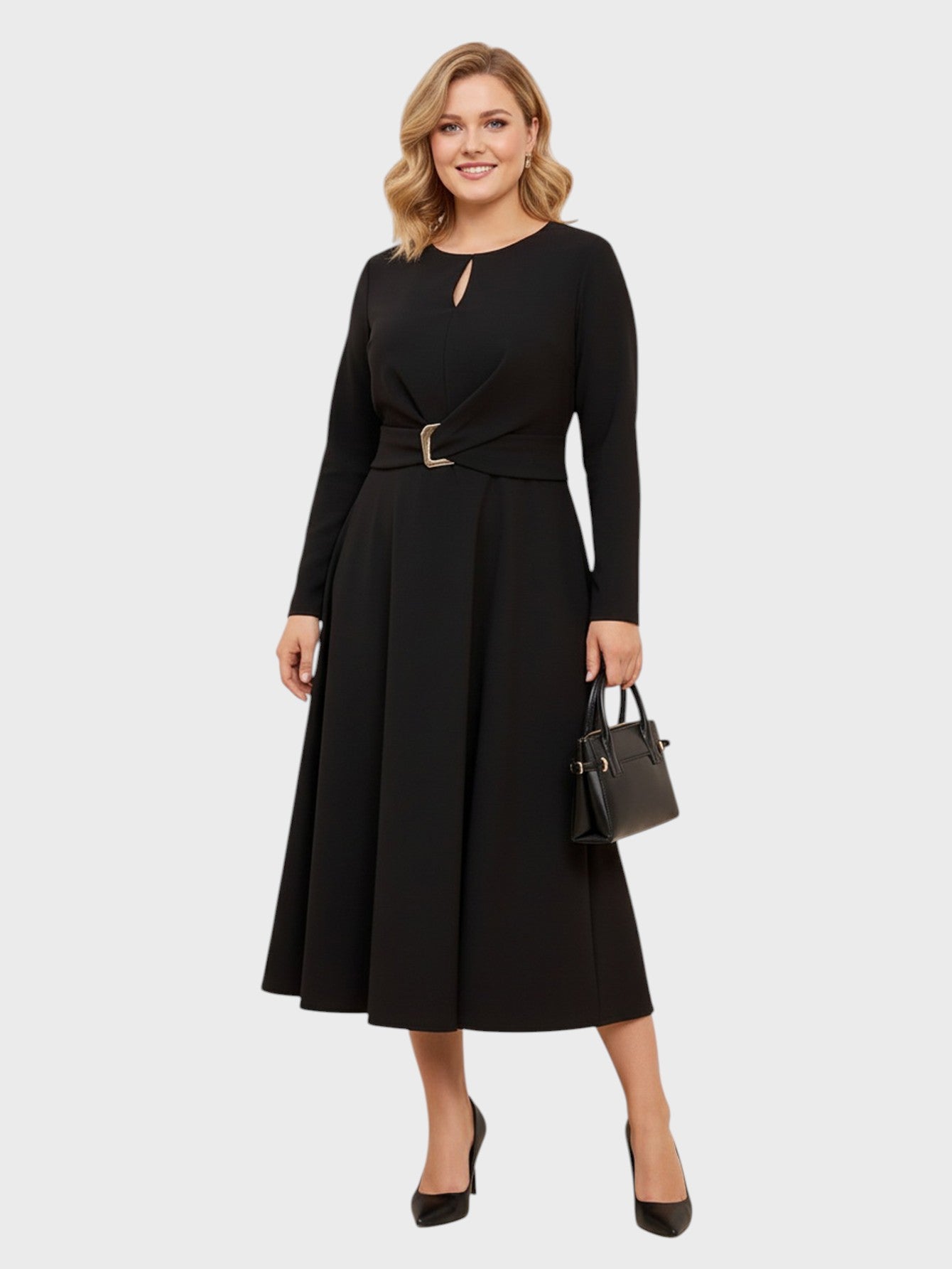 Lapa Plus Women's Round Neck Cut-Out Dress with Belt Detail