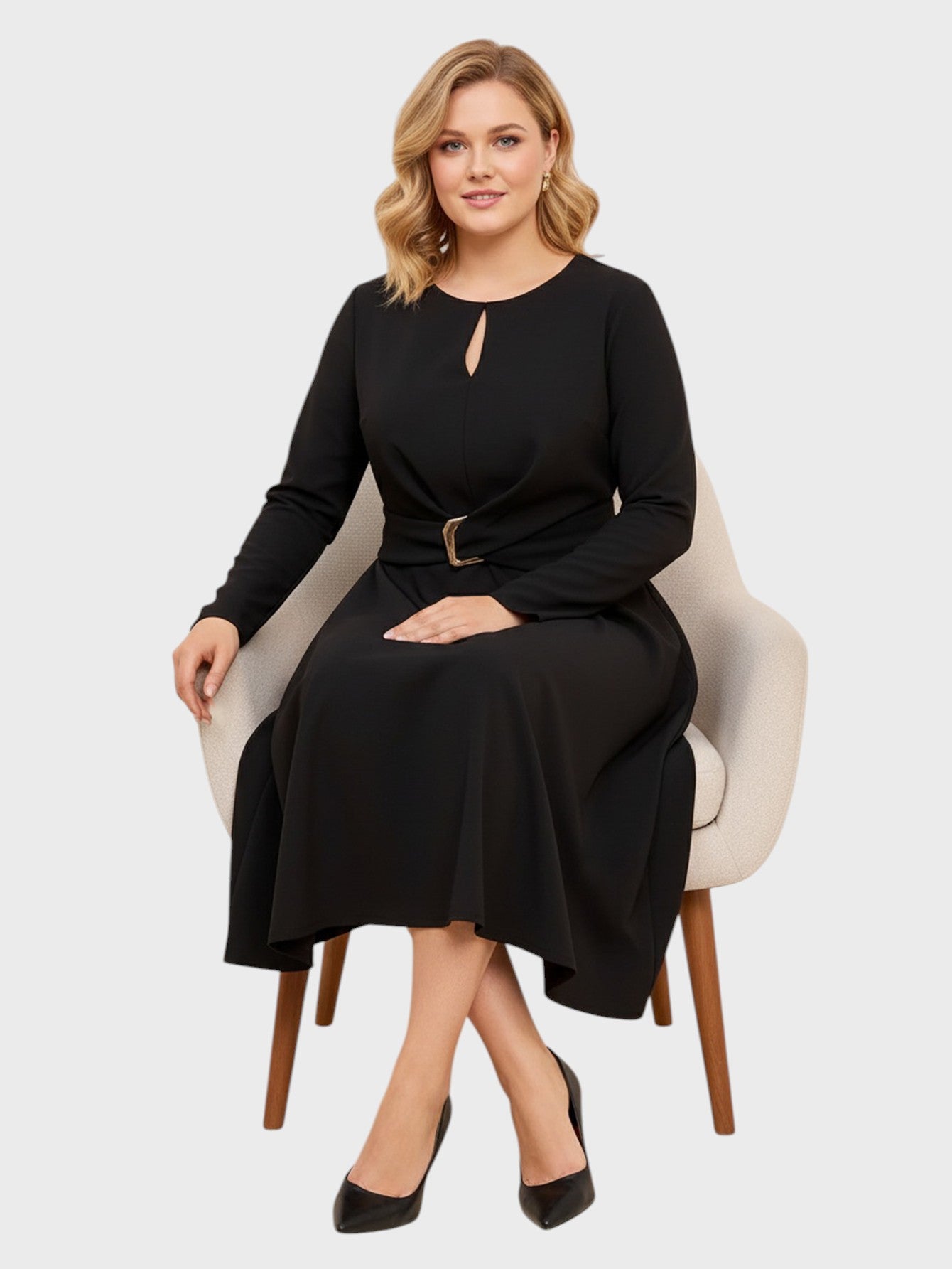 Lapa Plus Women's Round Neck Cut-Out Dress with Belt Detail
