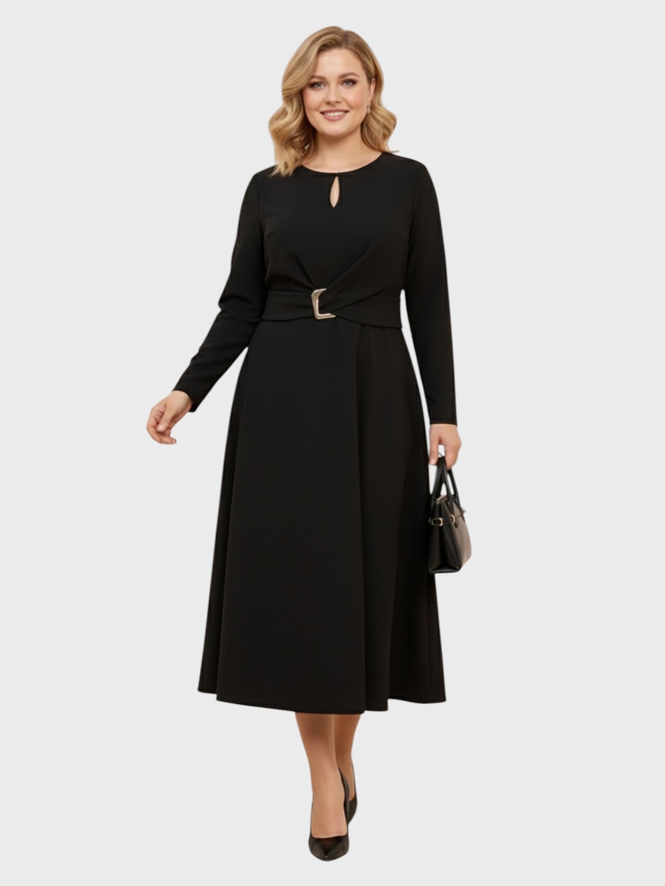 Lapa Plus Women's Round Neck Cut-Out Dress with Belt Detail