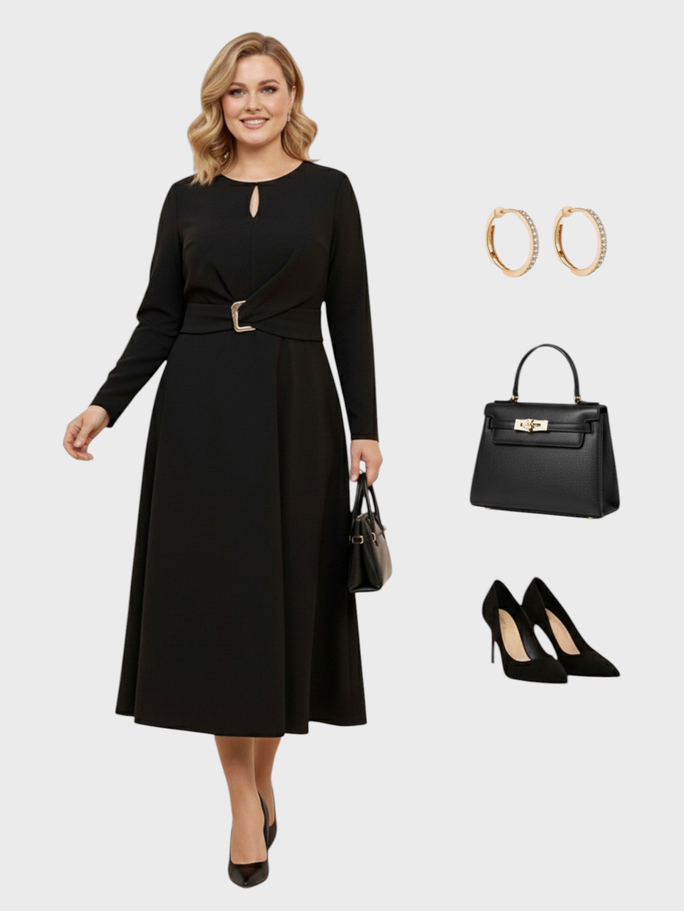 Lapa Plus Women's Round Neck Cut-Out Dress with Belt Detail