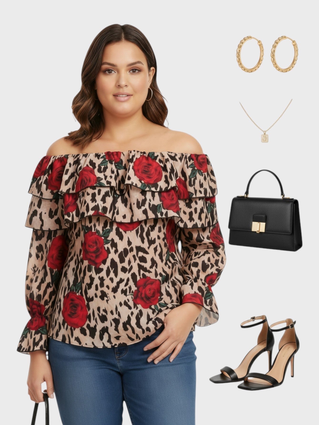 Lapa Plus Women's Casual Leopard Print Rose Floral Bardot Top