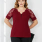 Lapa Plus Women's V-neck Patchwork Lace Short Sleeved Top